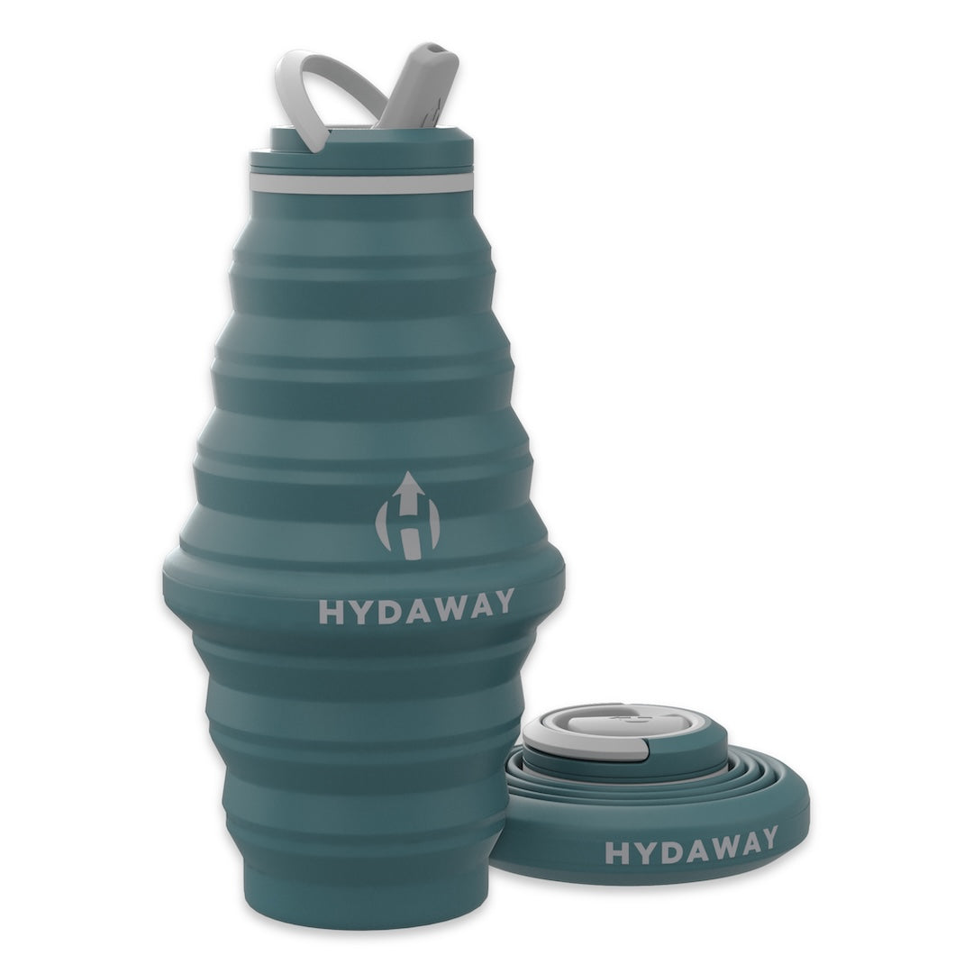Collapsible teal water bottle with Hydaway logo on a white background