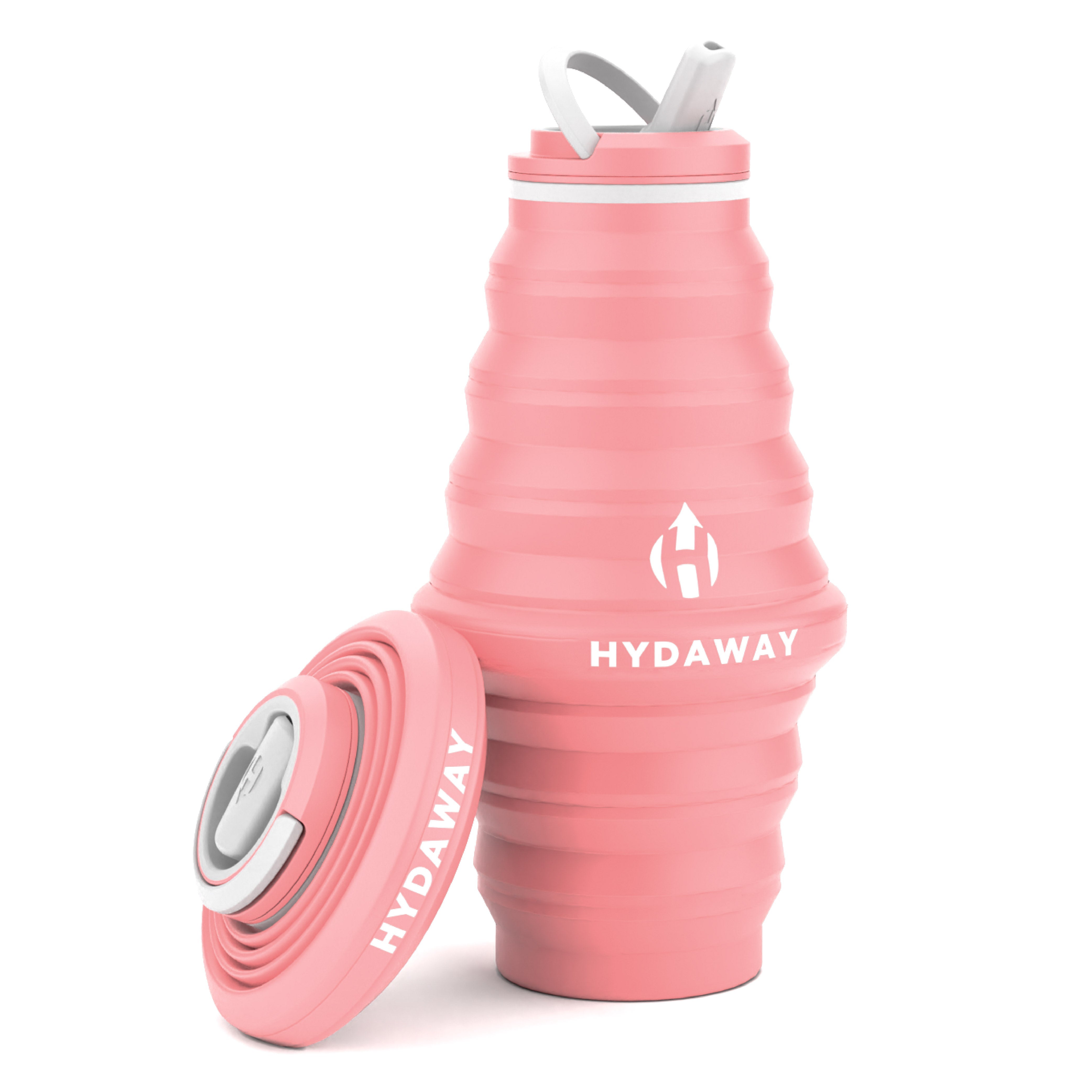 Pink collapsible water bottle with 'HYDAWAY' branding on a white background