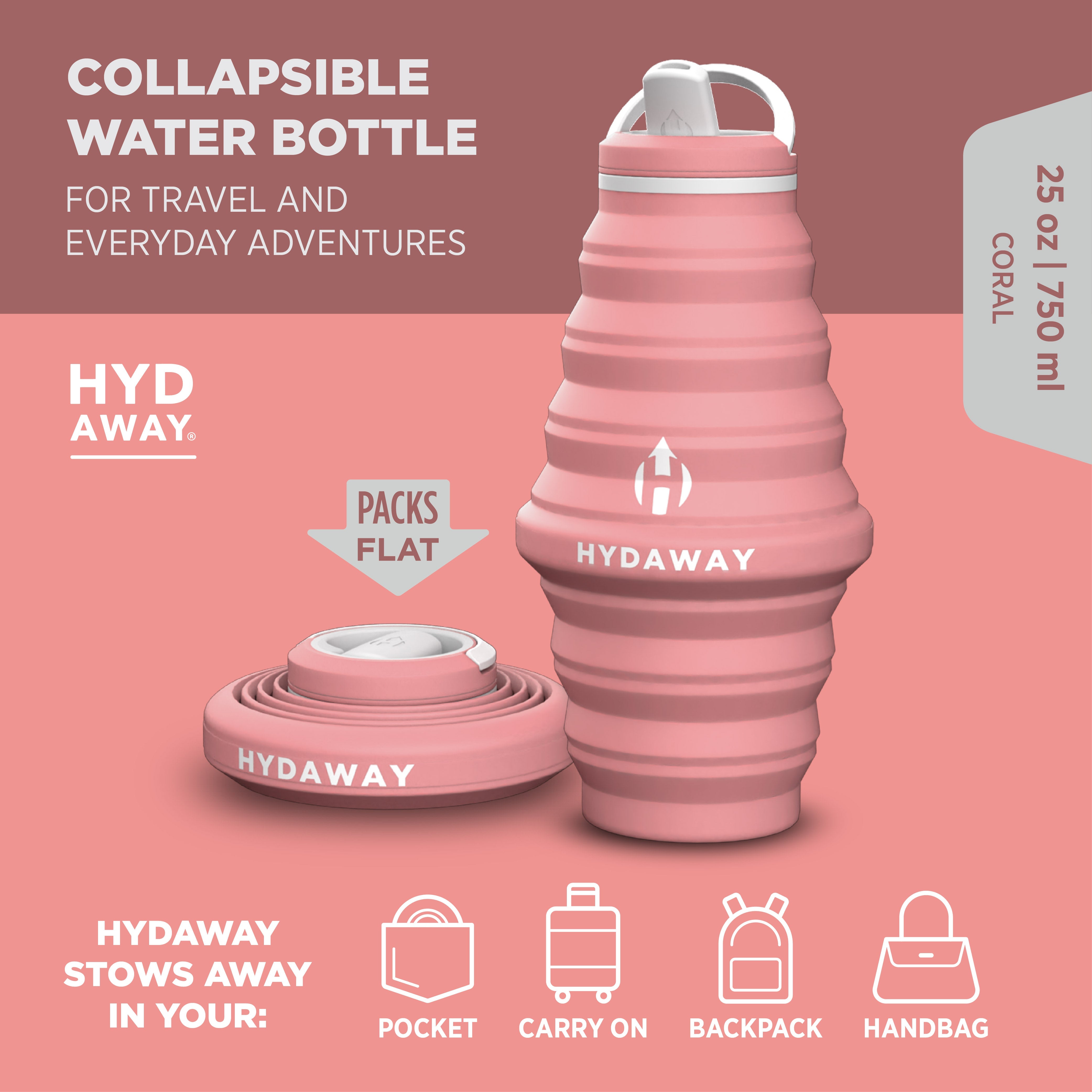 Collapsible water bottle by Hydaway on a pink background