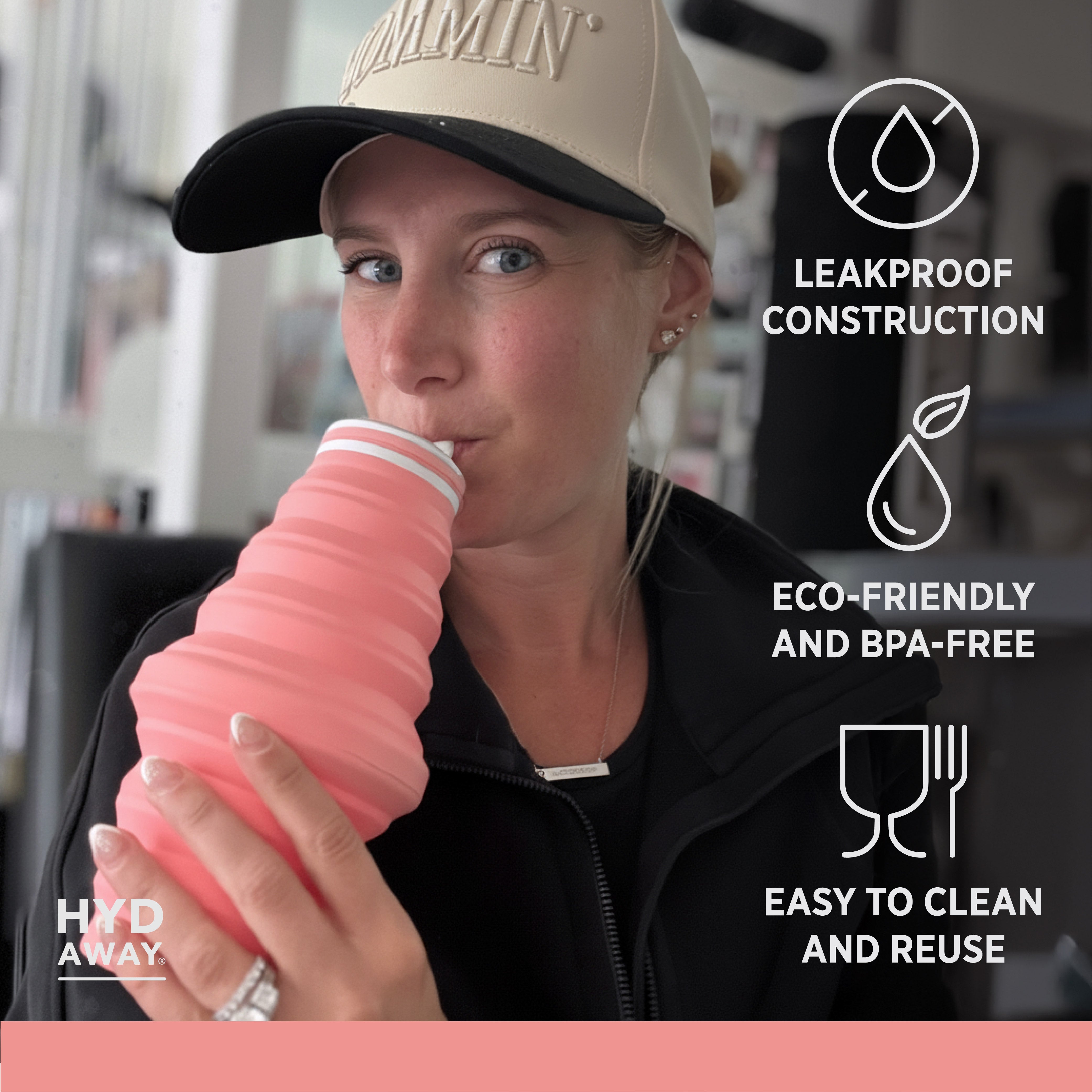Person drinking from a pink silicone cup with product features listed on the right.
