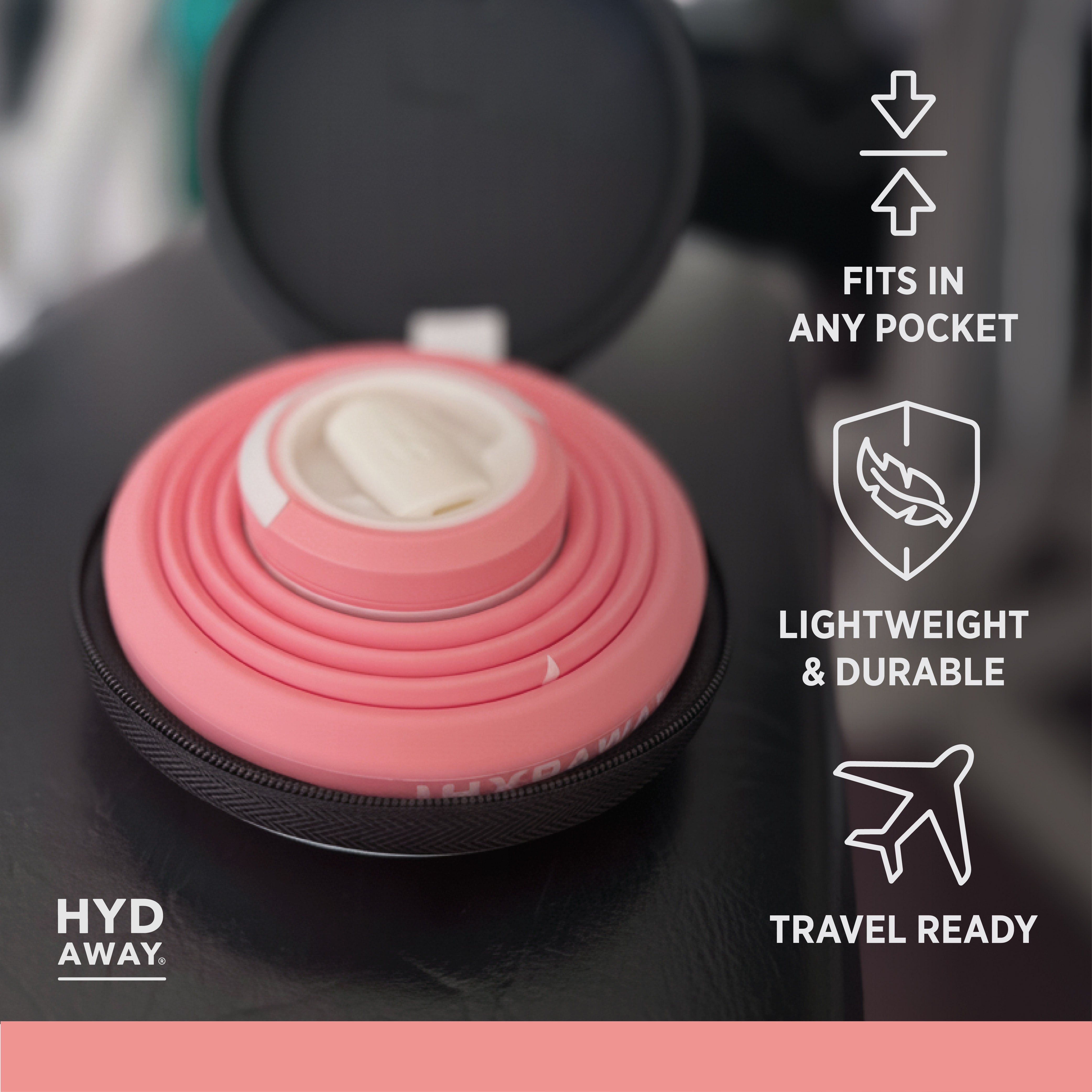 Pink travel-sized product in a black case with 'Hyd Away' branding, surrounded by features like 'fits in any pocket', 'lightweight & durable', and 'travel ready'.