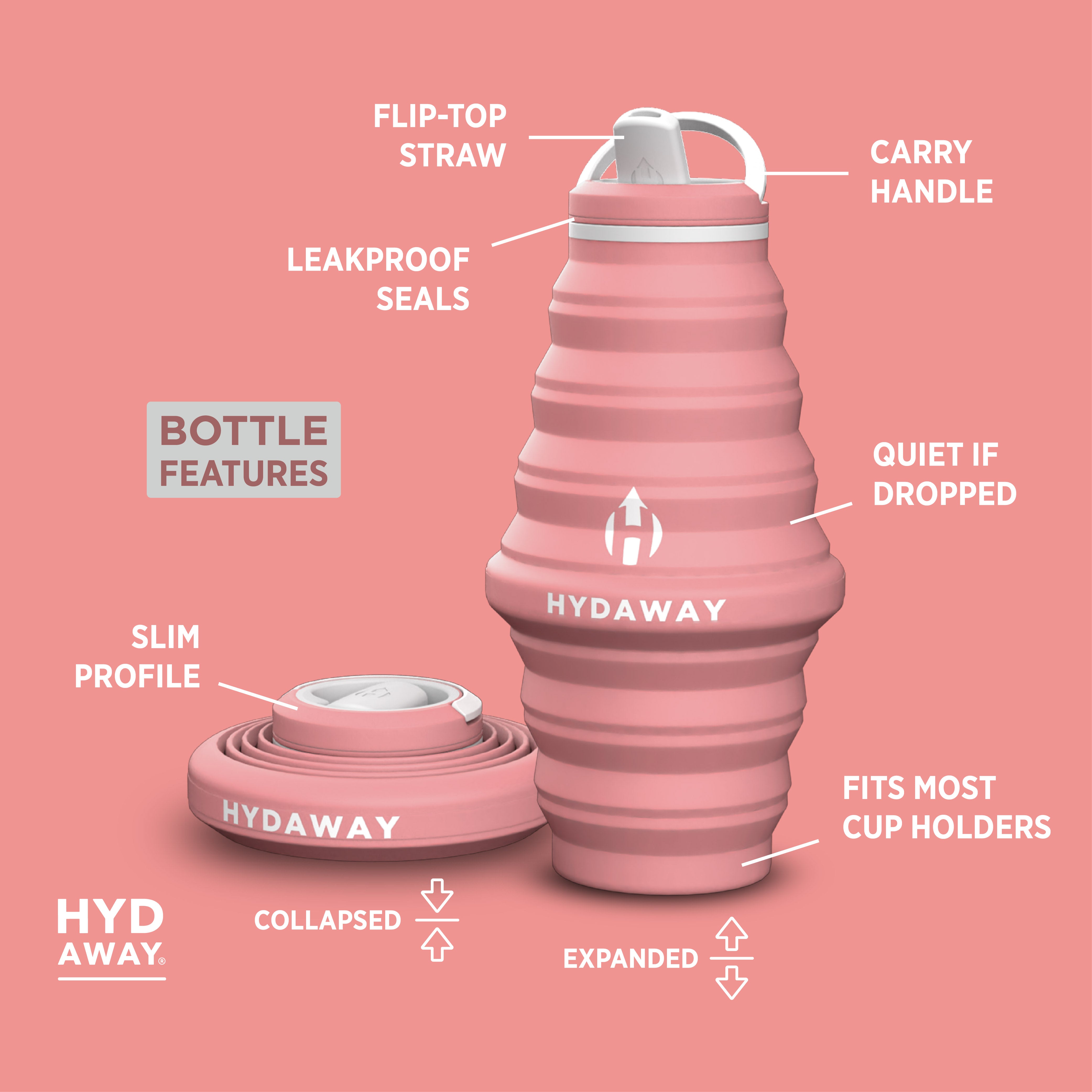 Pink collapsible water bottle with features labeled on a pink background