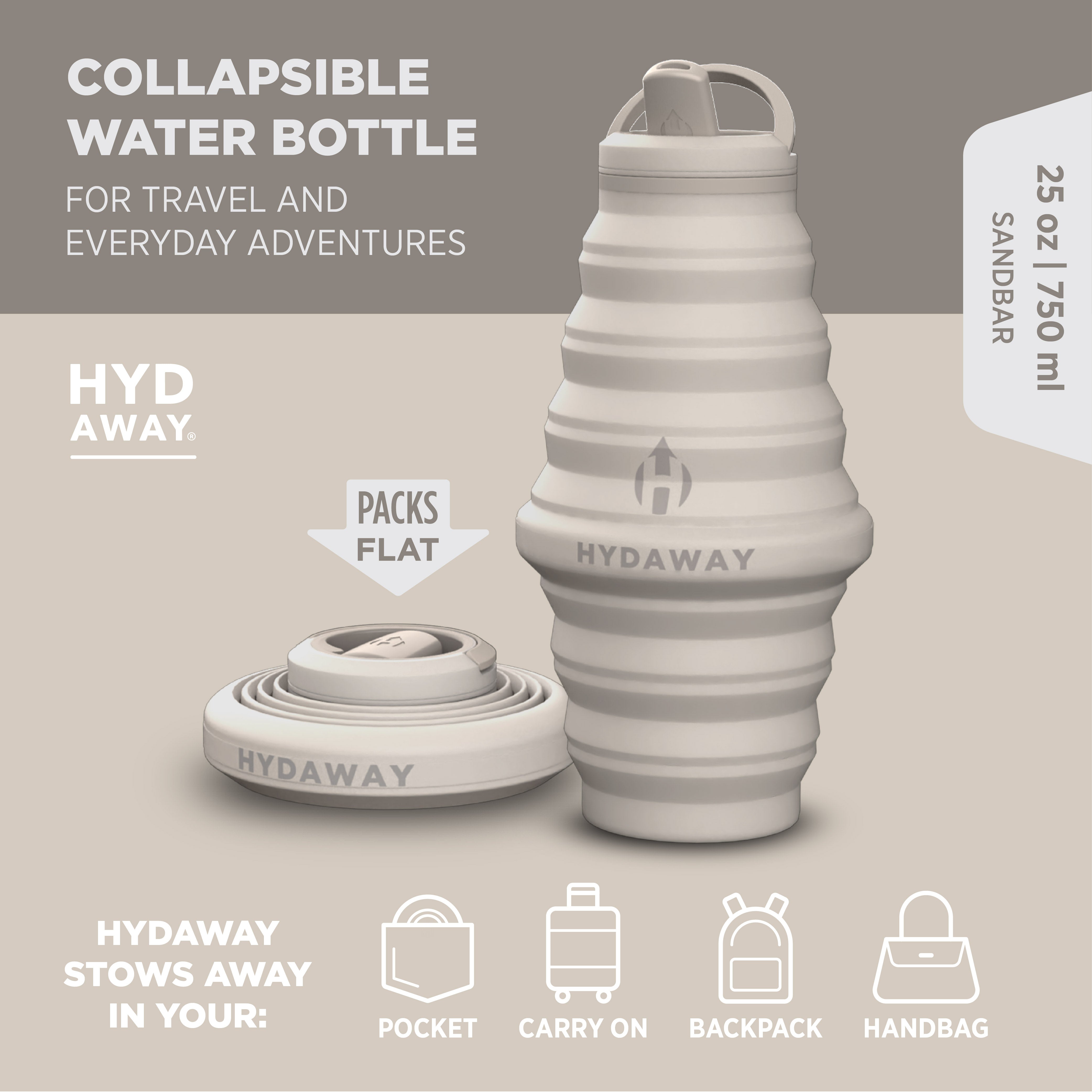 Collapsible water bottle with Hydaway branding on a beige background