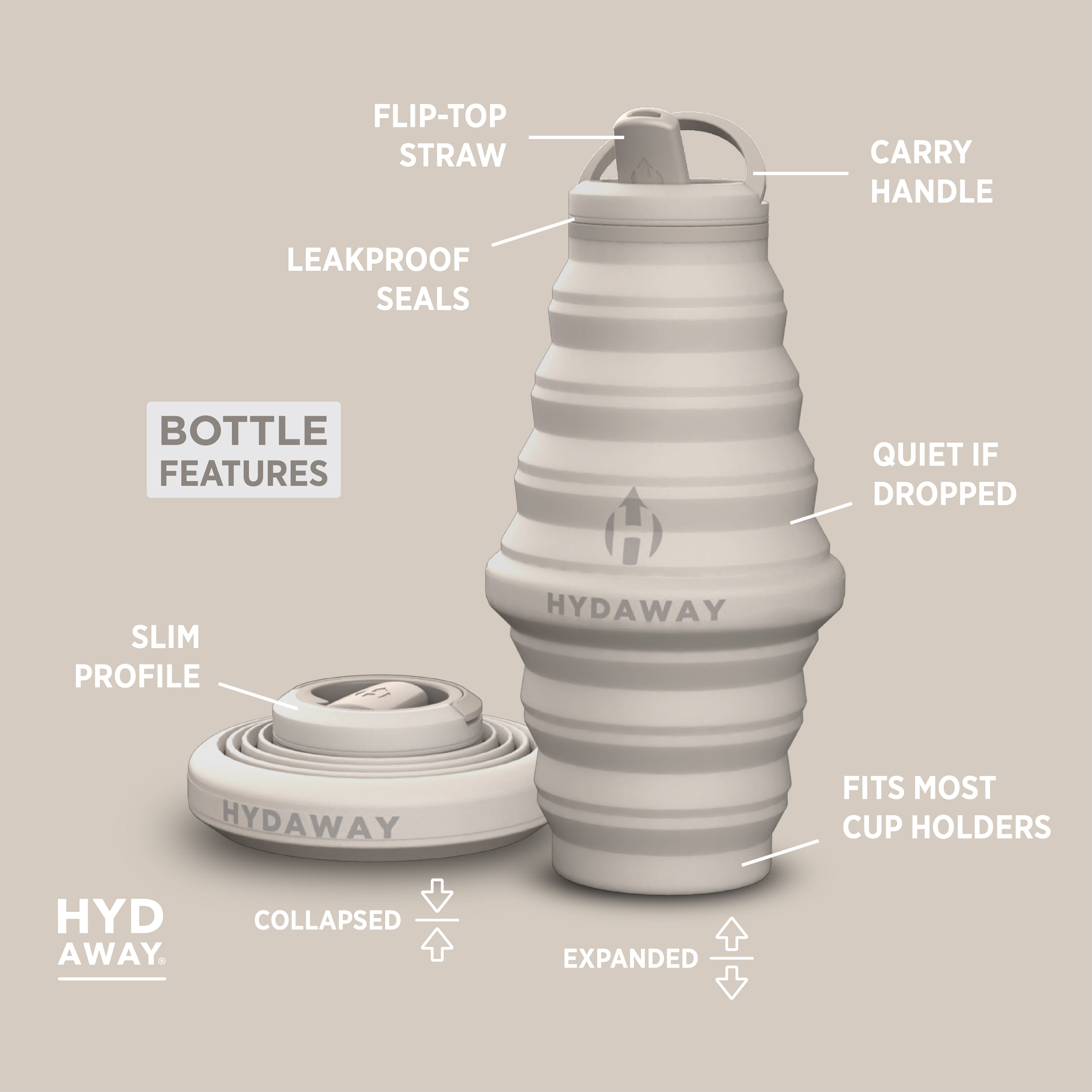 Collapsible water bottle with features labeled on a beige background