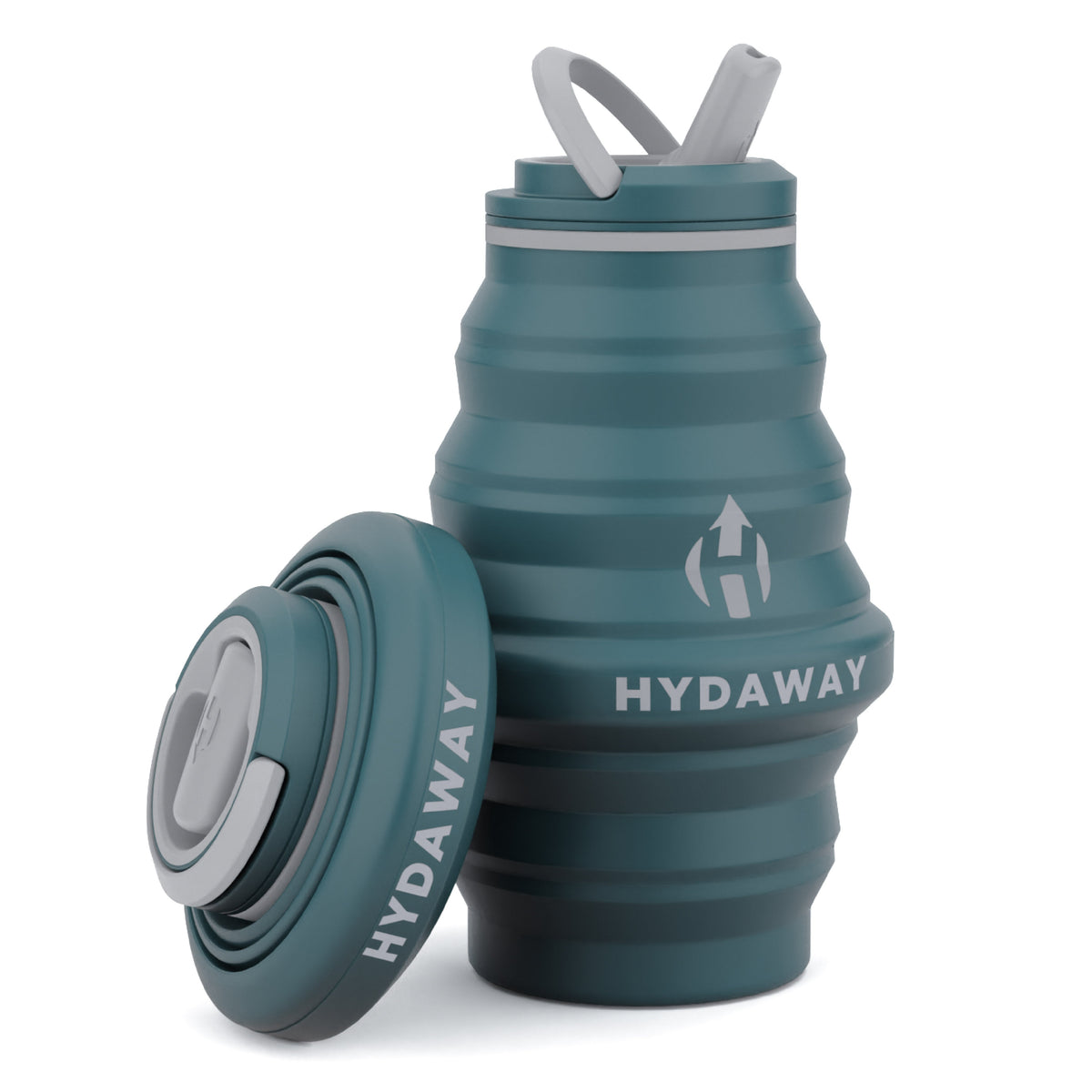 Collapsible water bottle with Hydaway branding on a white background