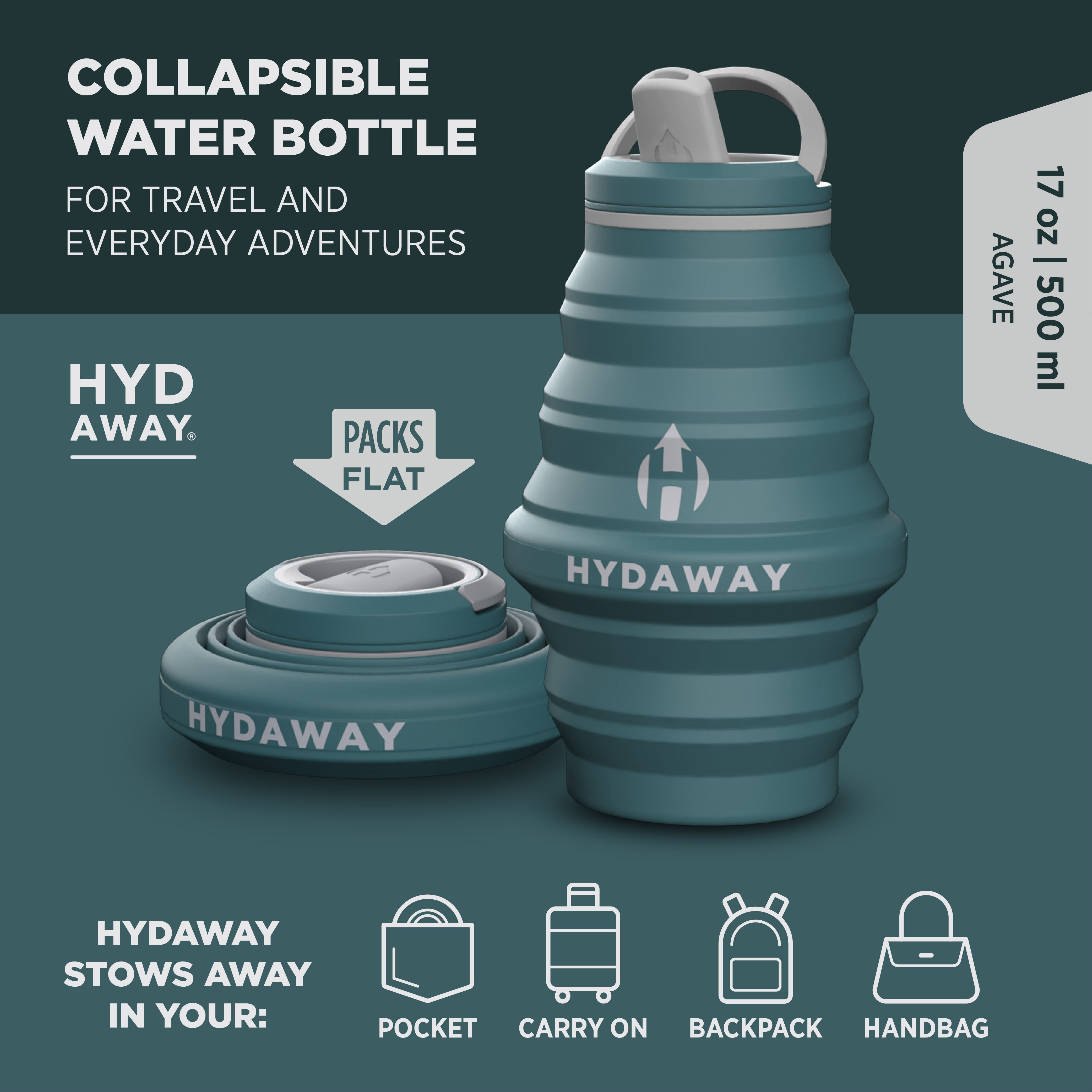Collapsible water bottle by Hydaway on a dark green background