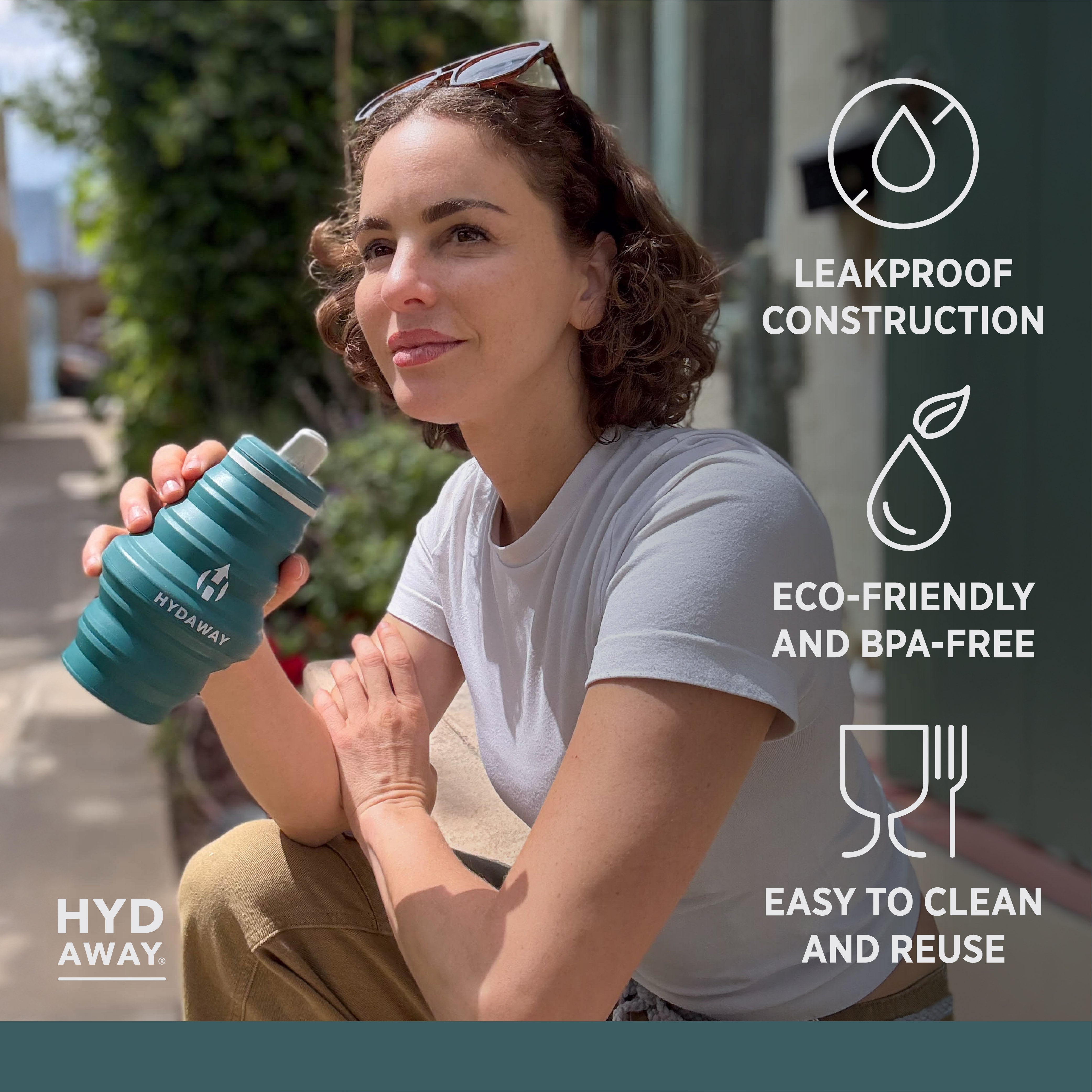 Woman holding a blue water bottle with features listed on the right