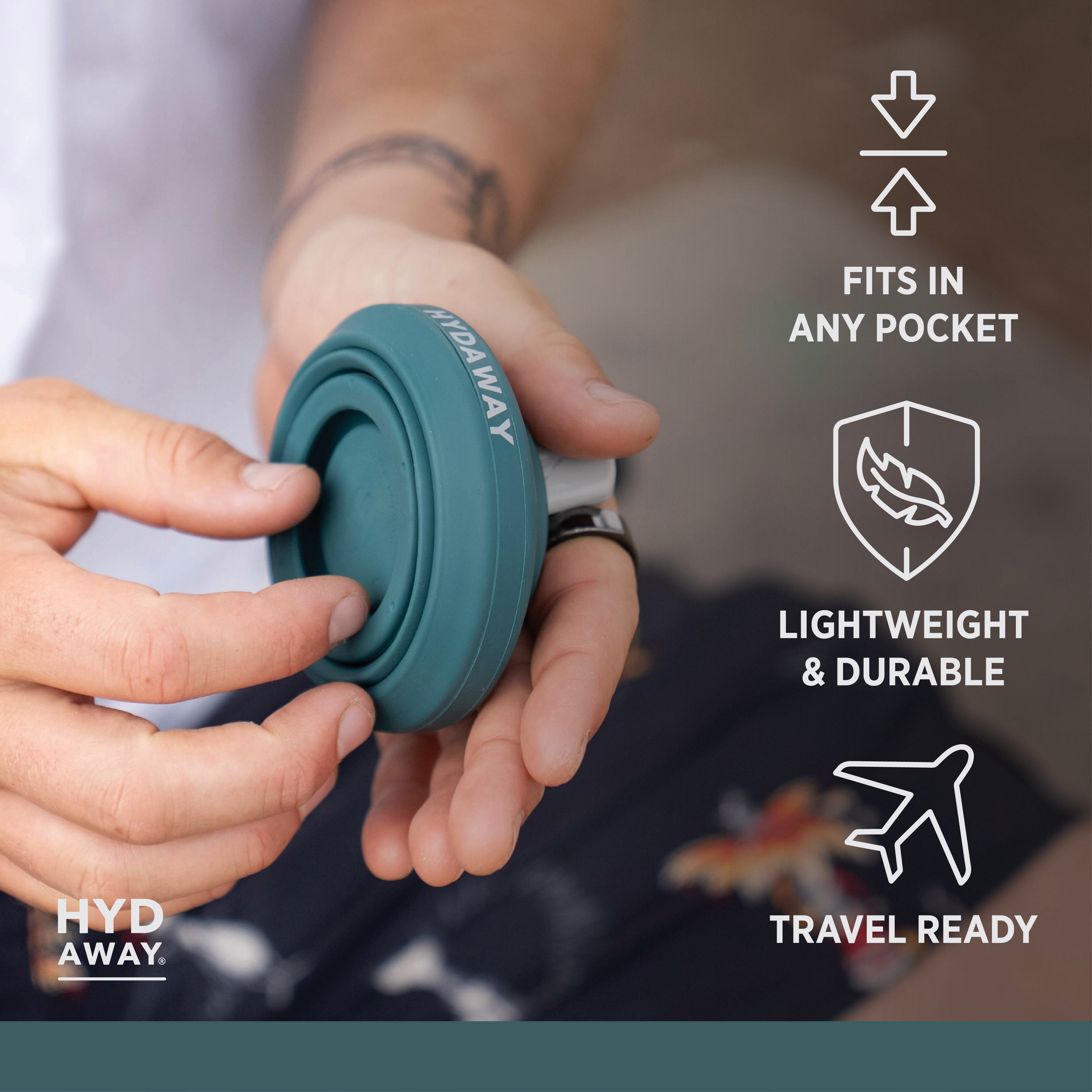 Person holding a teal Hyd-Away product with features listed on the right.