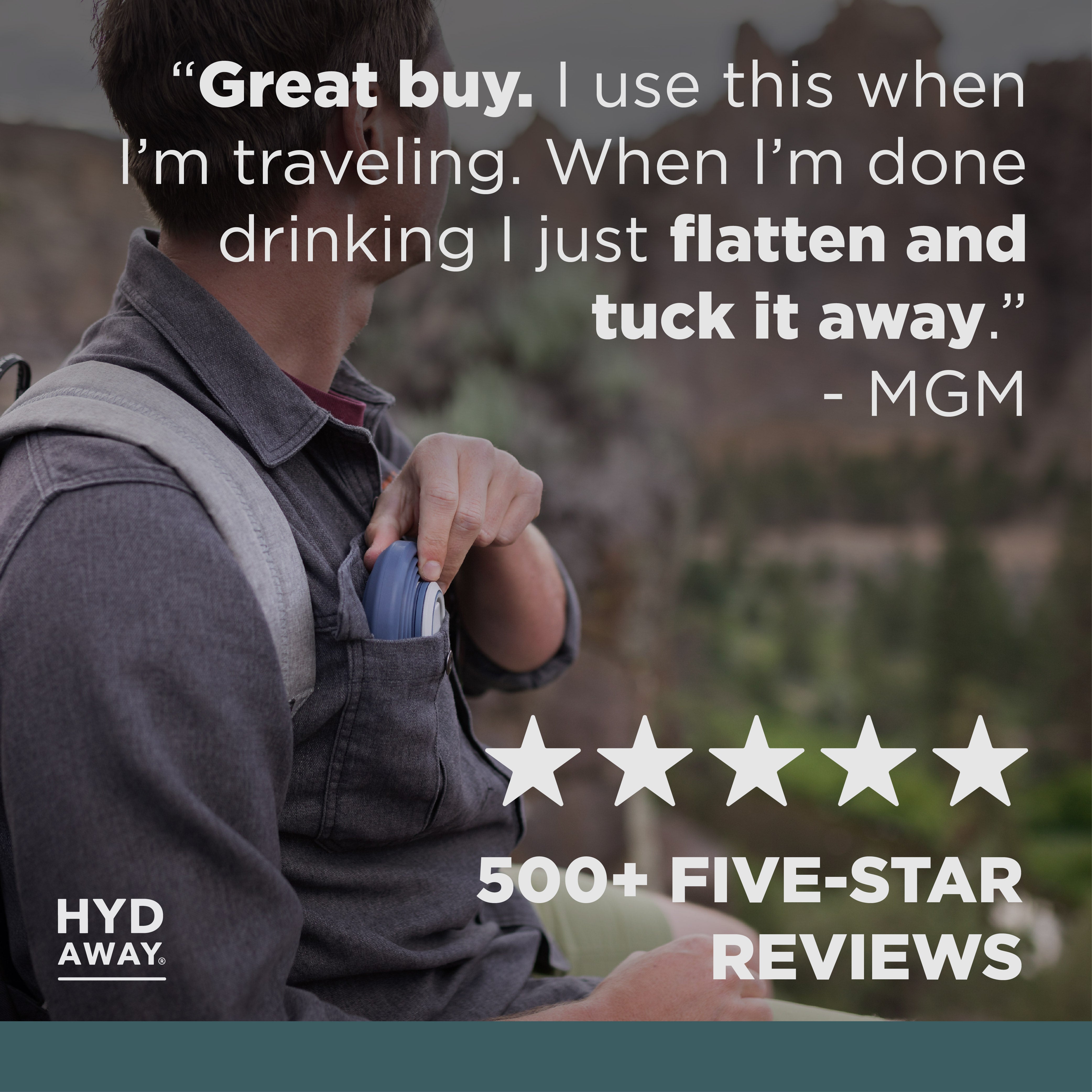 Person with backpack holding a bottle, with text and rating overlay