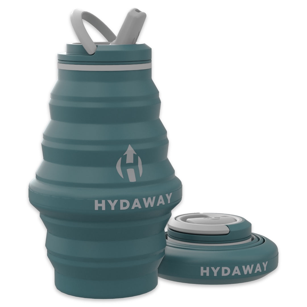 Teal collapsible water bottle with HYDAWAY branding on a white background