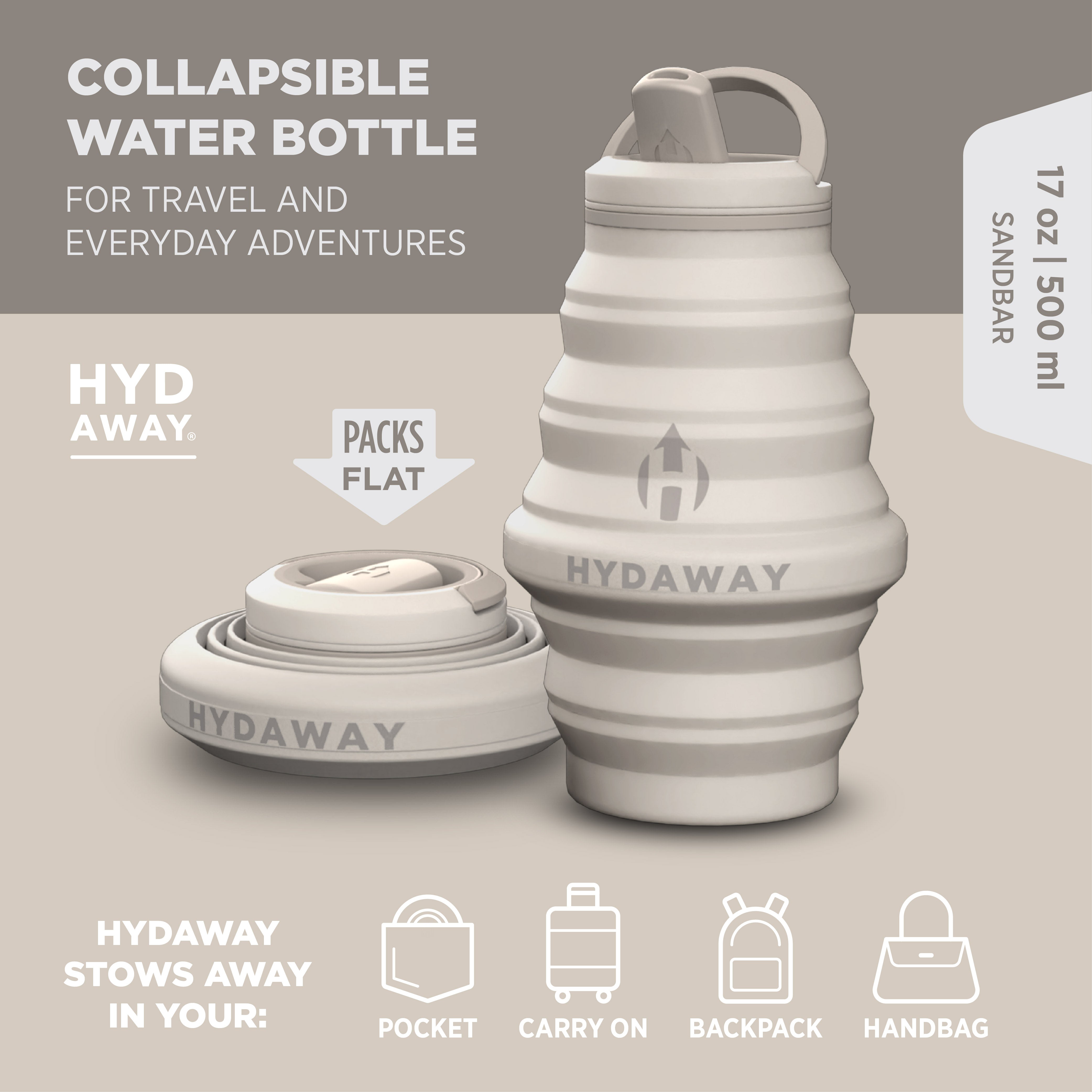 Collapsible water bottle with Hydaway branding on a beige background