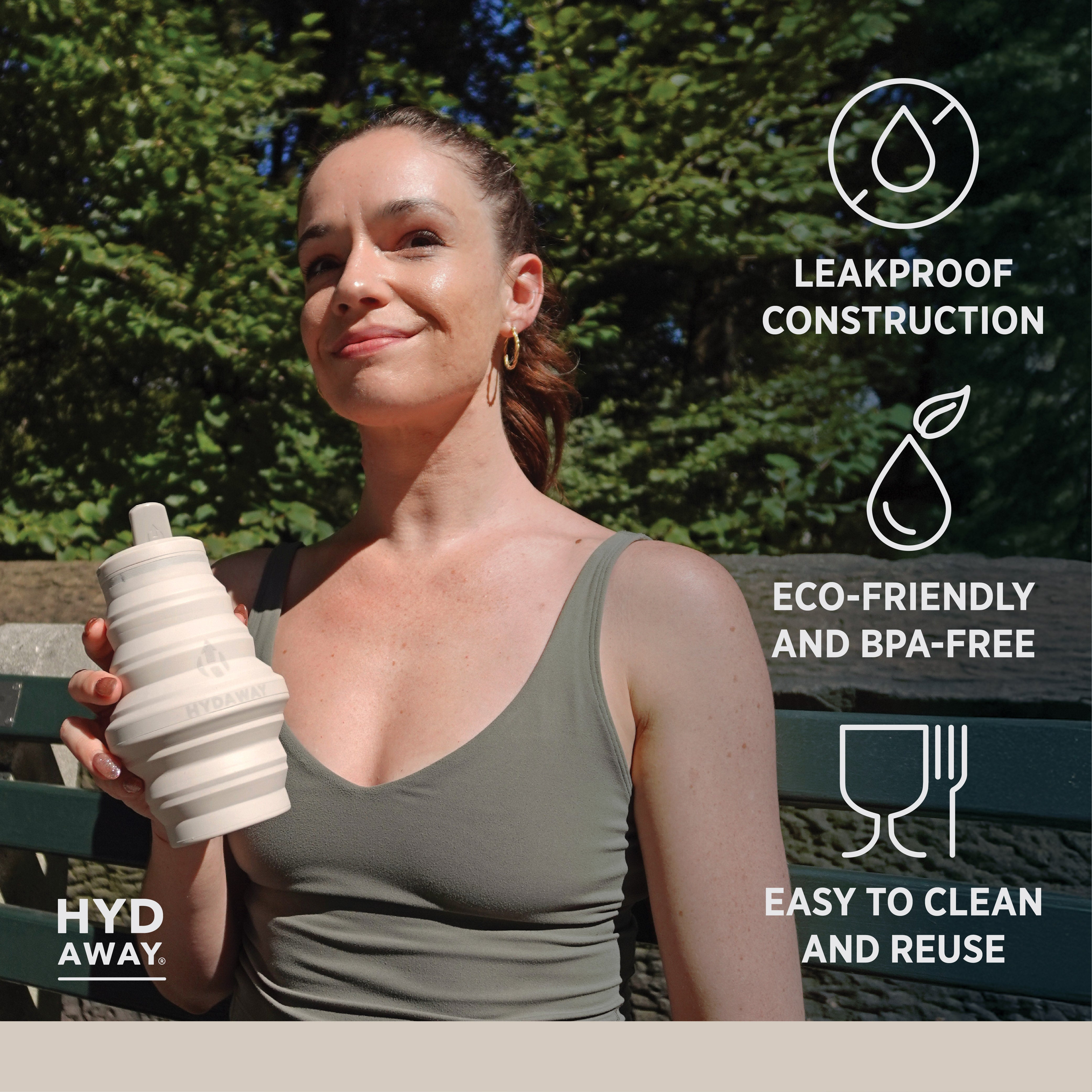 Woman holding a white water bottle with greenery in the background, featuring text about the bottle's features.