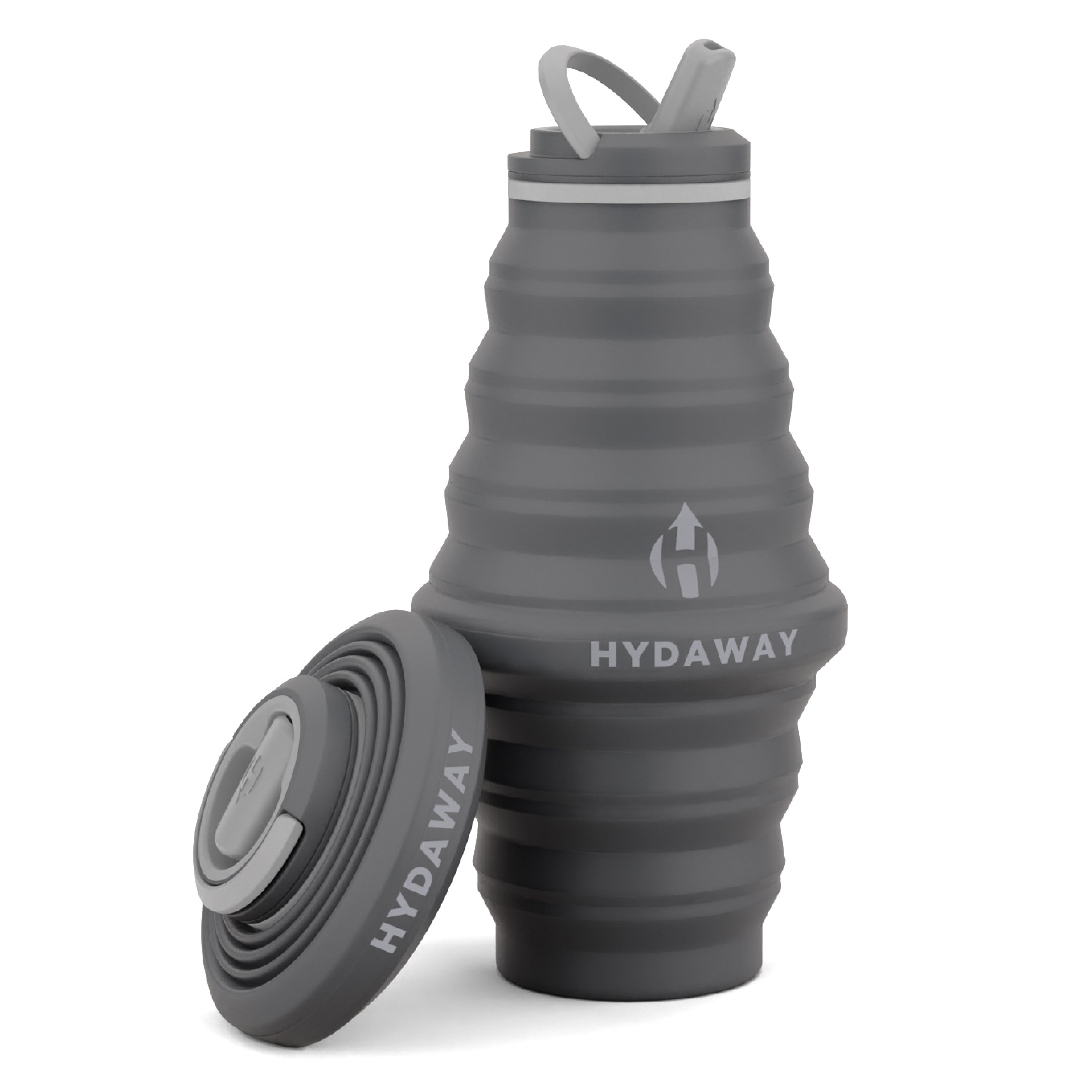 Collapsible gray water bottle with Hydaway branding on a white background
