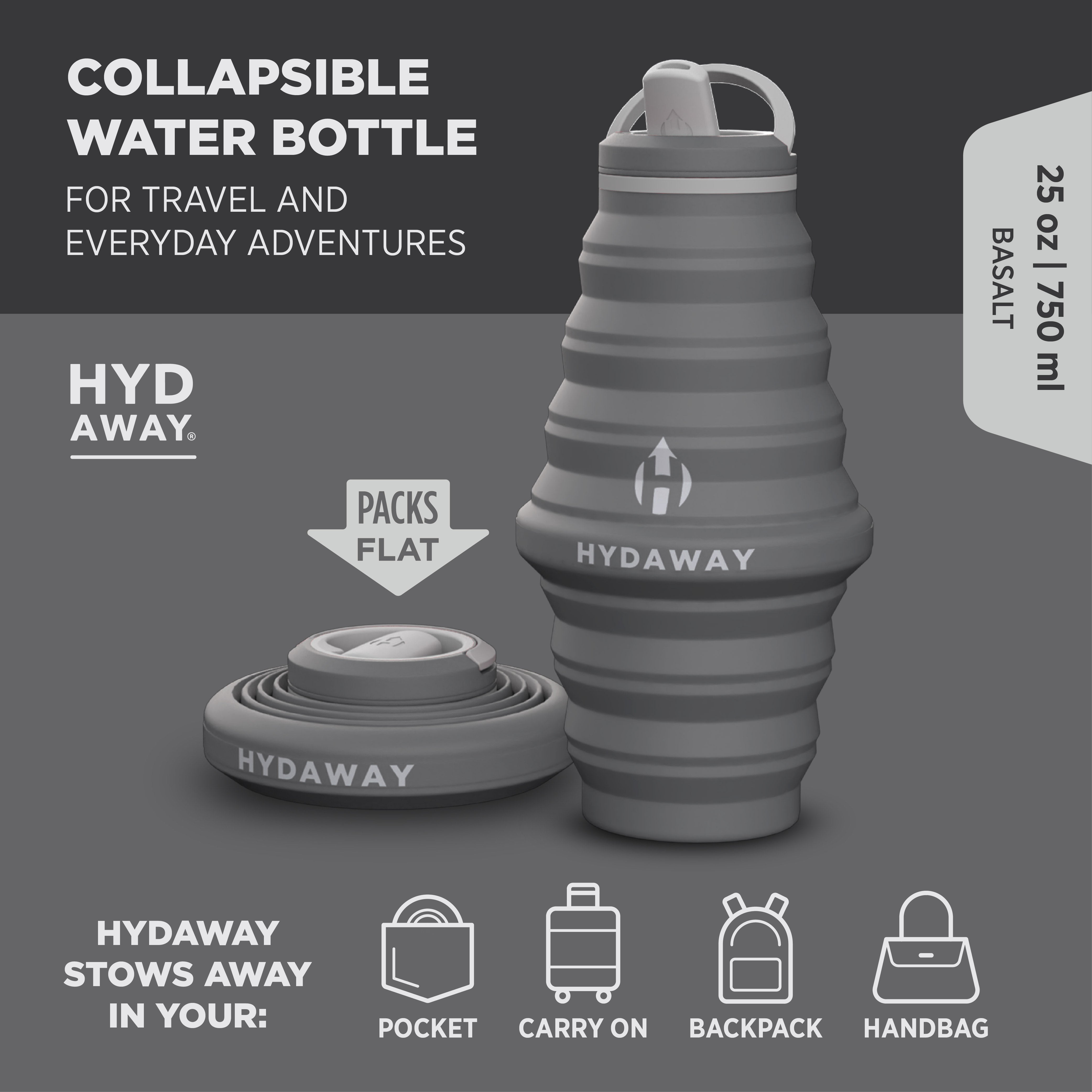 Collapsible water bottle by Hyd Away on a gray background with product details.