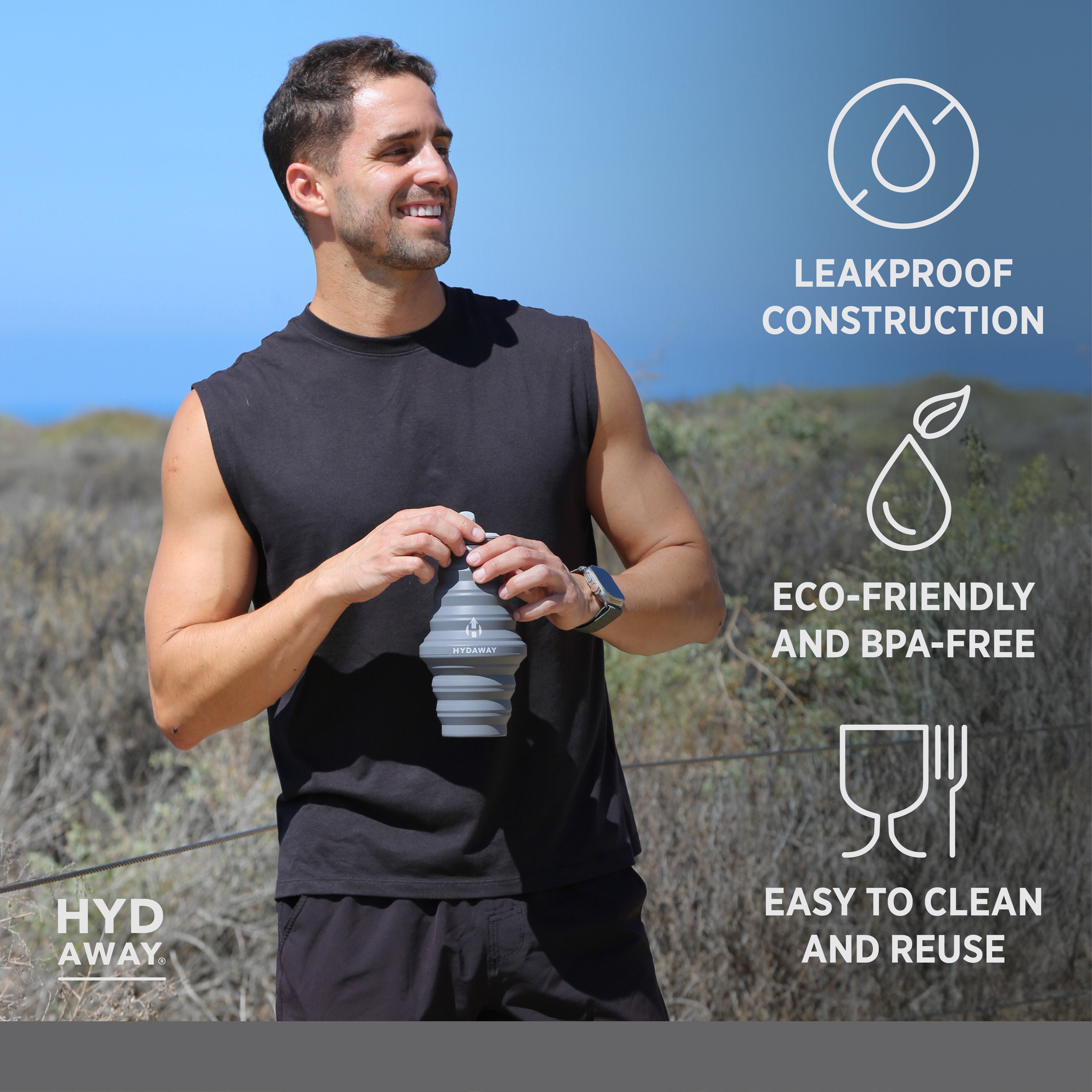 Man holding a water bottle with outdoor scenery and product features displayed.