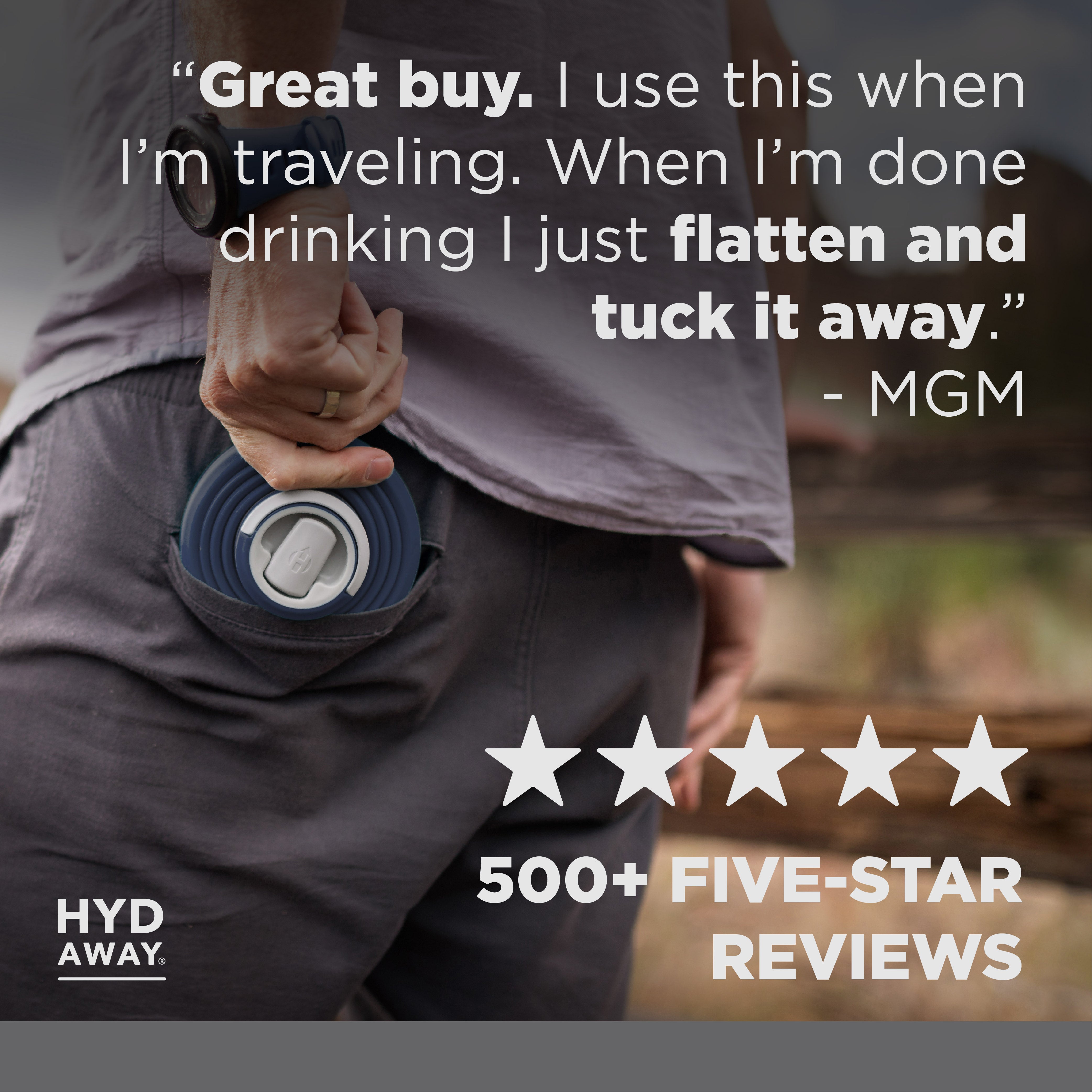 Person holding a blueHyd-Away product with text and rating overlay