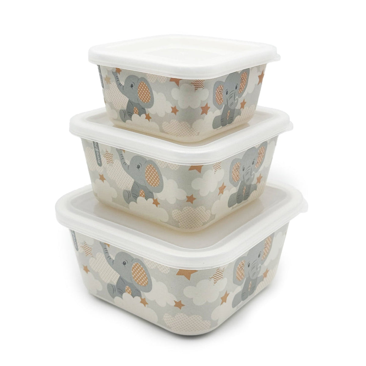 Set of three stacked food containers with elephant pattern on a white background