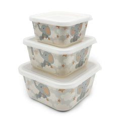 Set of three stacked food containers with elephant pattern on a white background