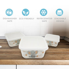 Three square plastic storage containers with white lids and a gray elephant print on the front, displayed on a wooden countertop against a white tiled wall. Blue icons at the top highlight features: dishwasher safe, eco-friendly, refrigerator safe, and stackable design.
