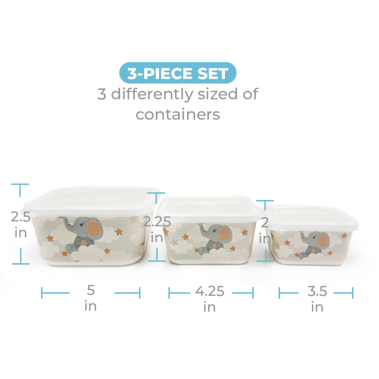 Three-piece set of rectangular plastic storage containers with lids, decorated with a gray elephant and orange stars on a light beige background. The image includes dimension lines and text indicating the sizes: 5 in, 4.