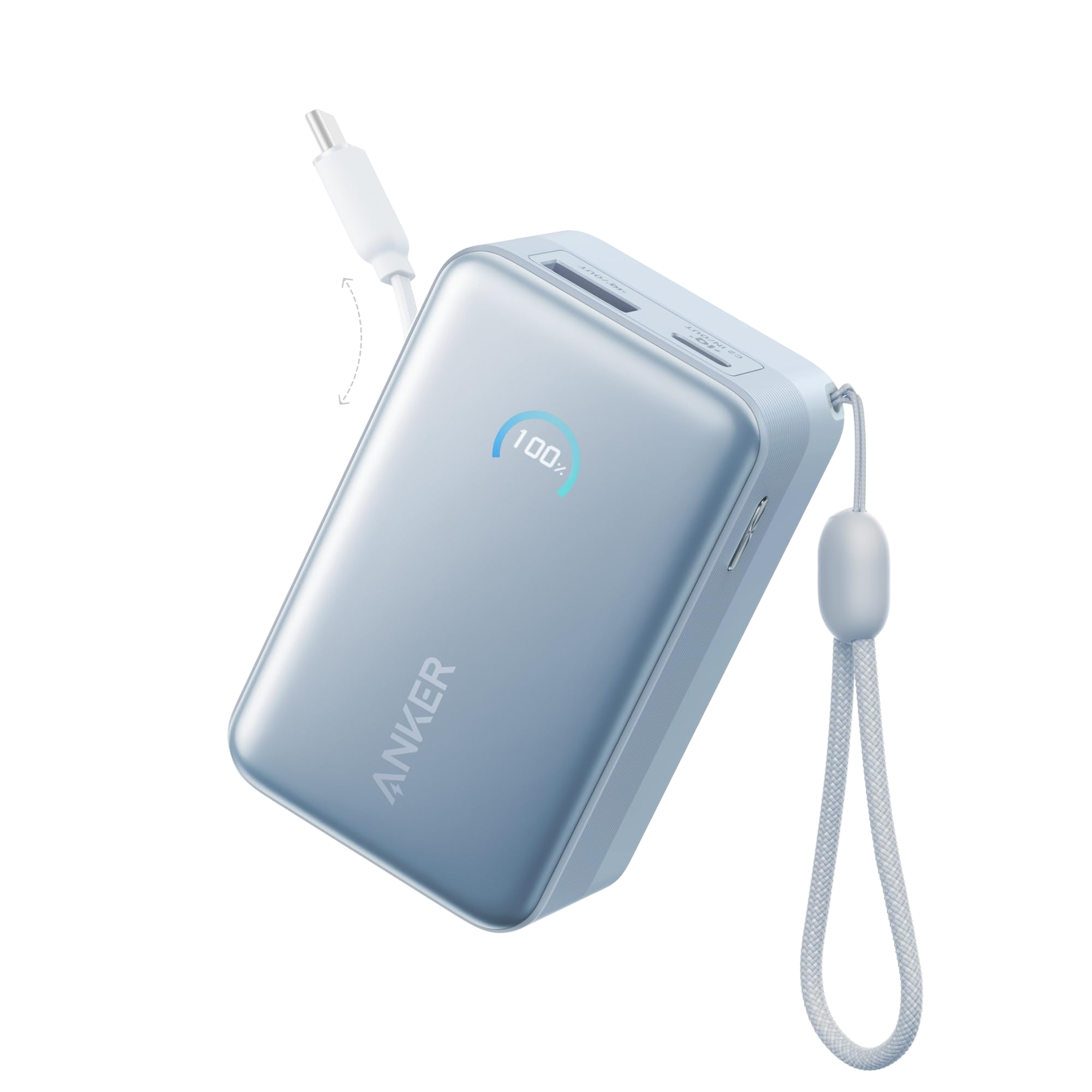 Anker power bank with a lanyard on a white background