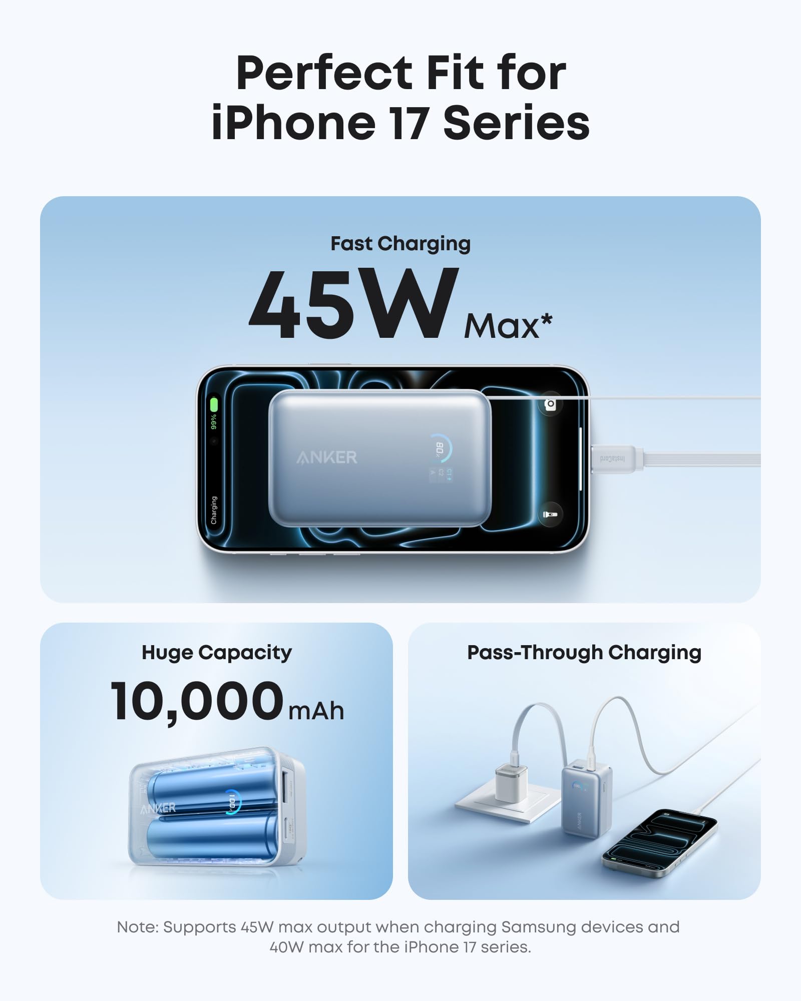 Anker power bank with charging capabilities for iPhone 17 Series on a light blue background