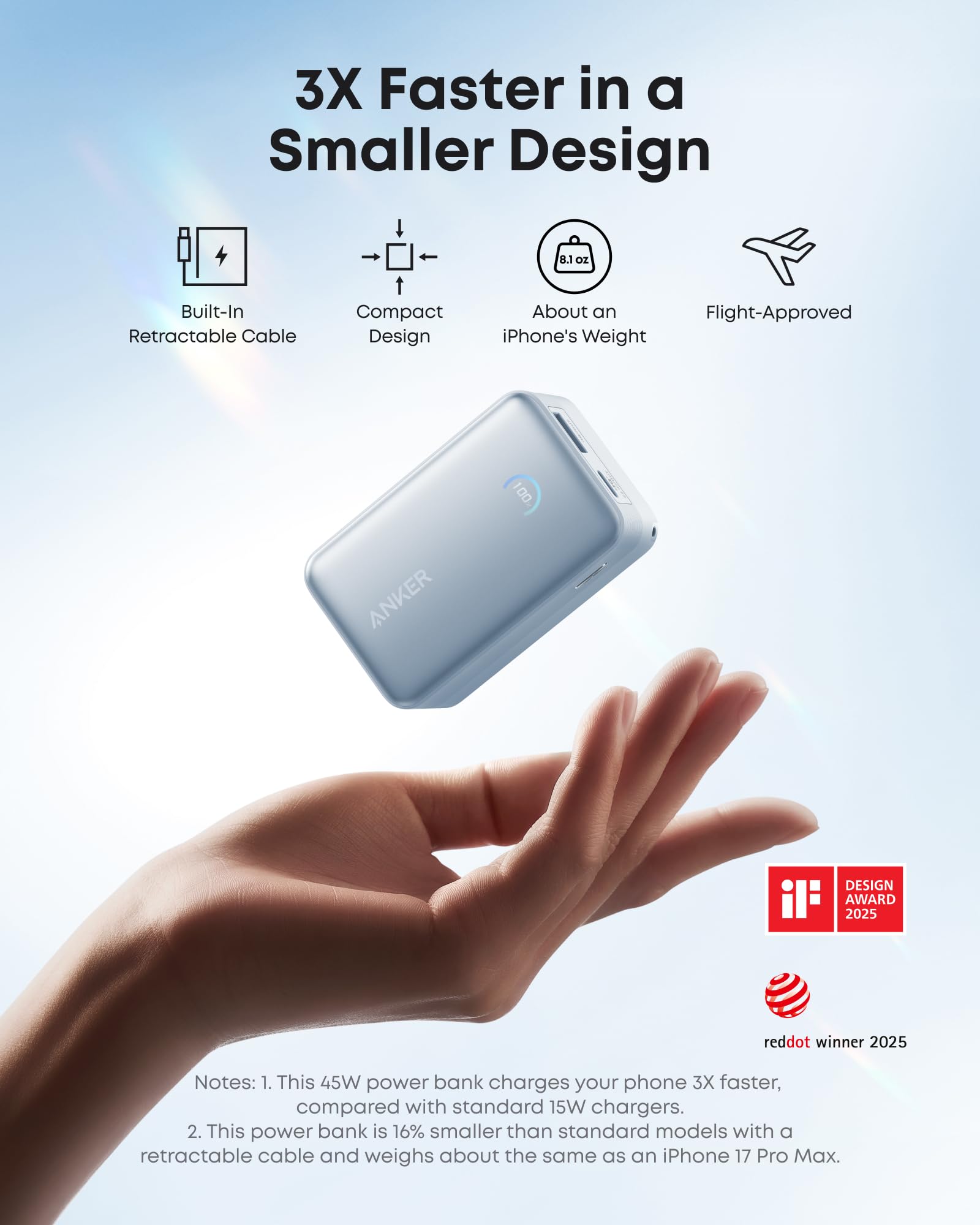 Power bank with hand holding it, showcasing features on a light blue background