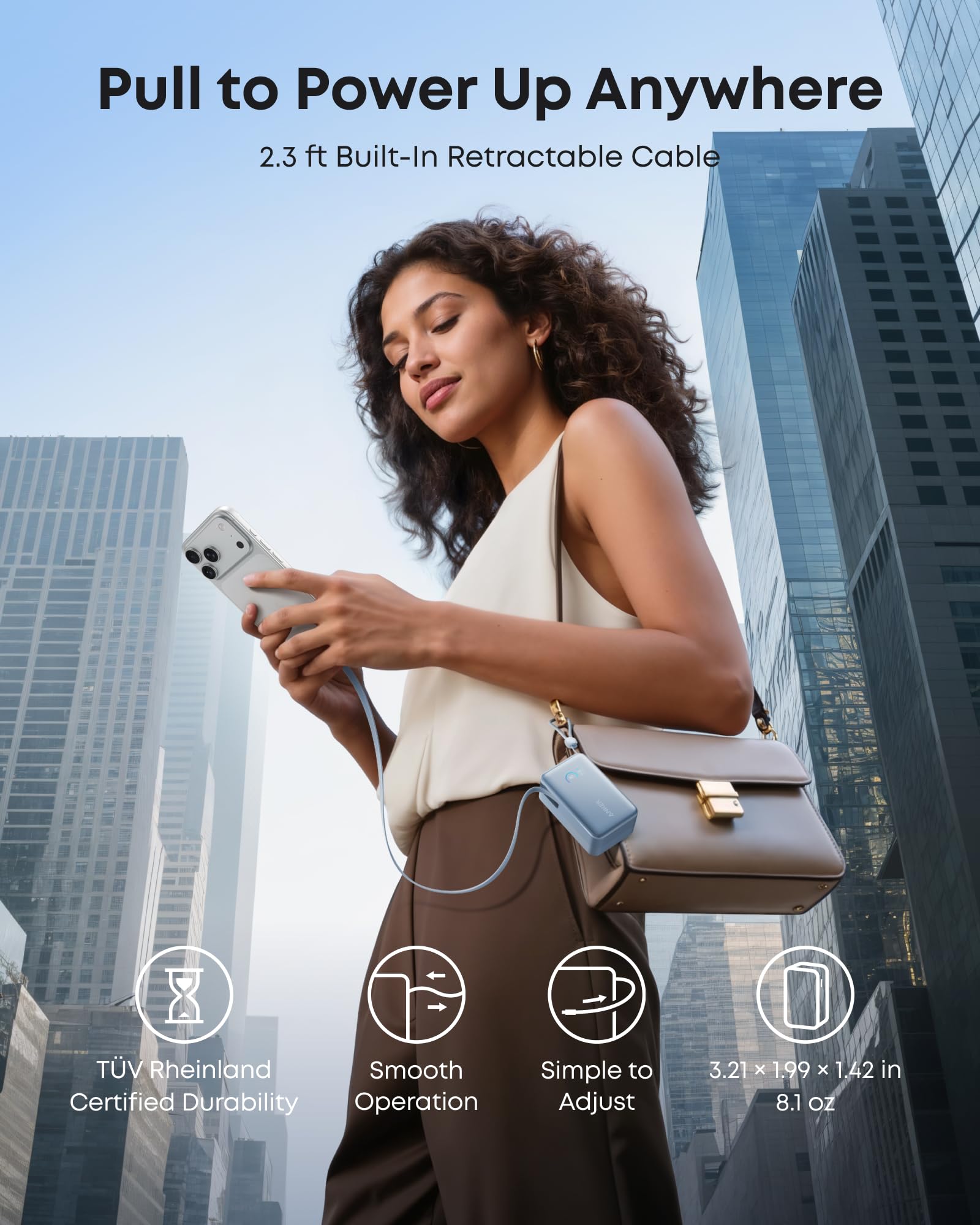 Woman using a phone with a retractable cable in an urban setting