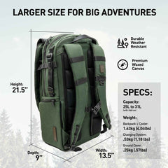 Green backpack with specifications on a light gray background