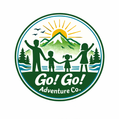 Logo of Go! Go! Adventure Co. with children, mountains, and sun.