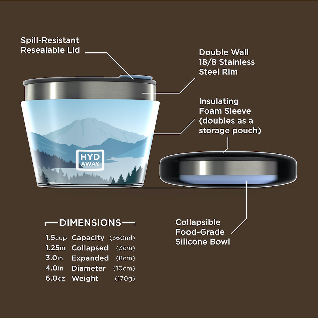 Hydration container with features labeled on a brown background