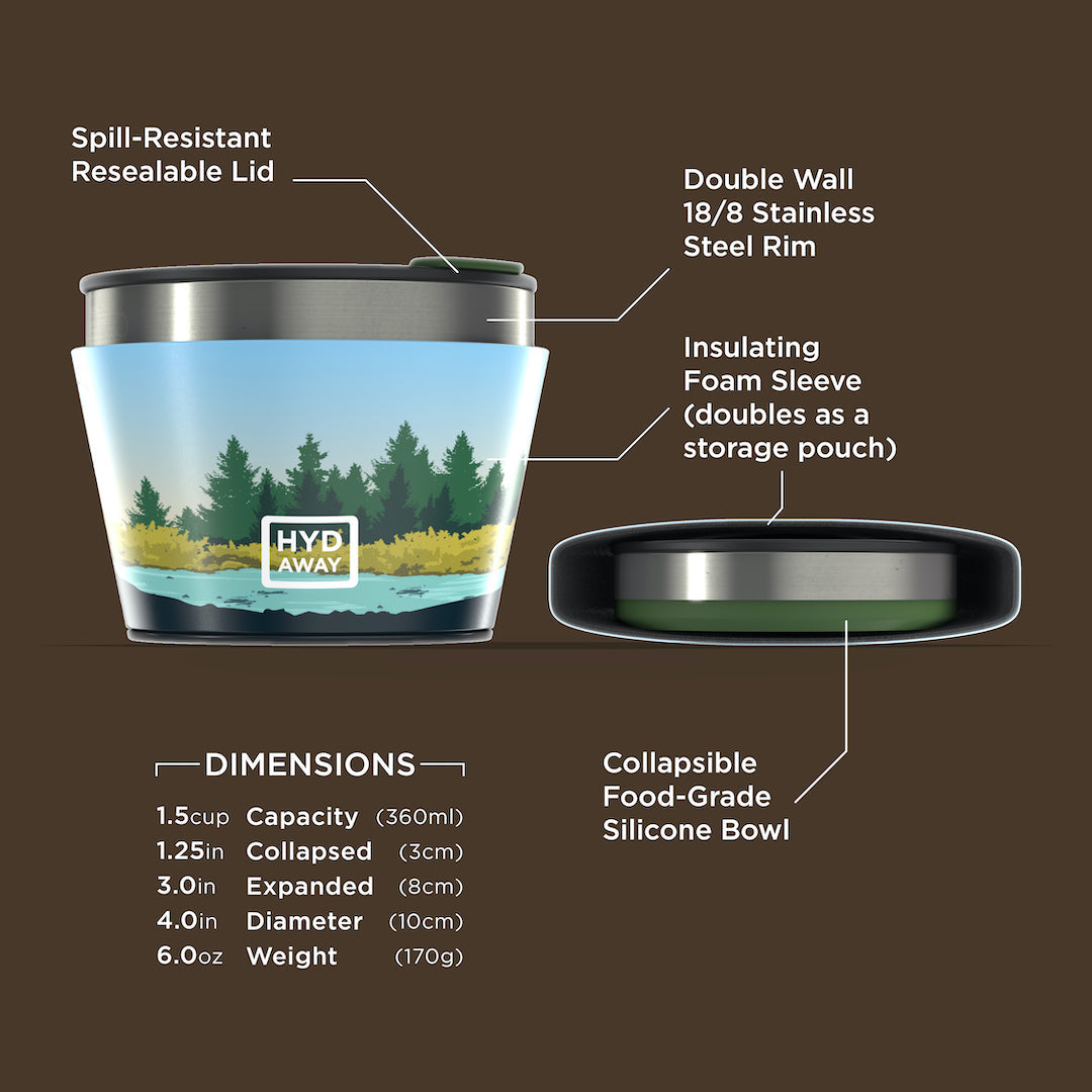 Hydration container with features labeled on a brown background