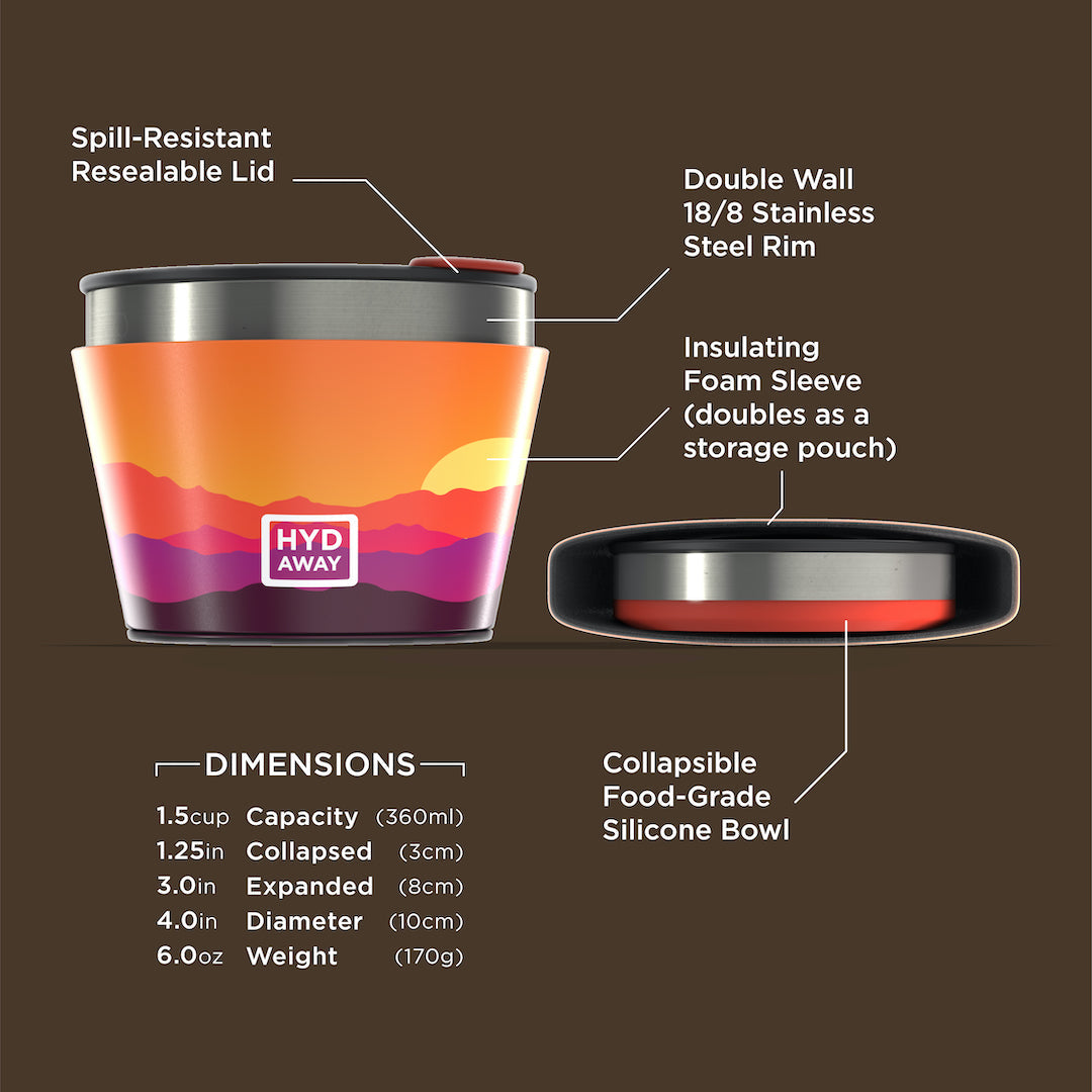 Hydration container with labeled features and dimensions on a brown background