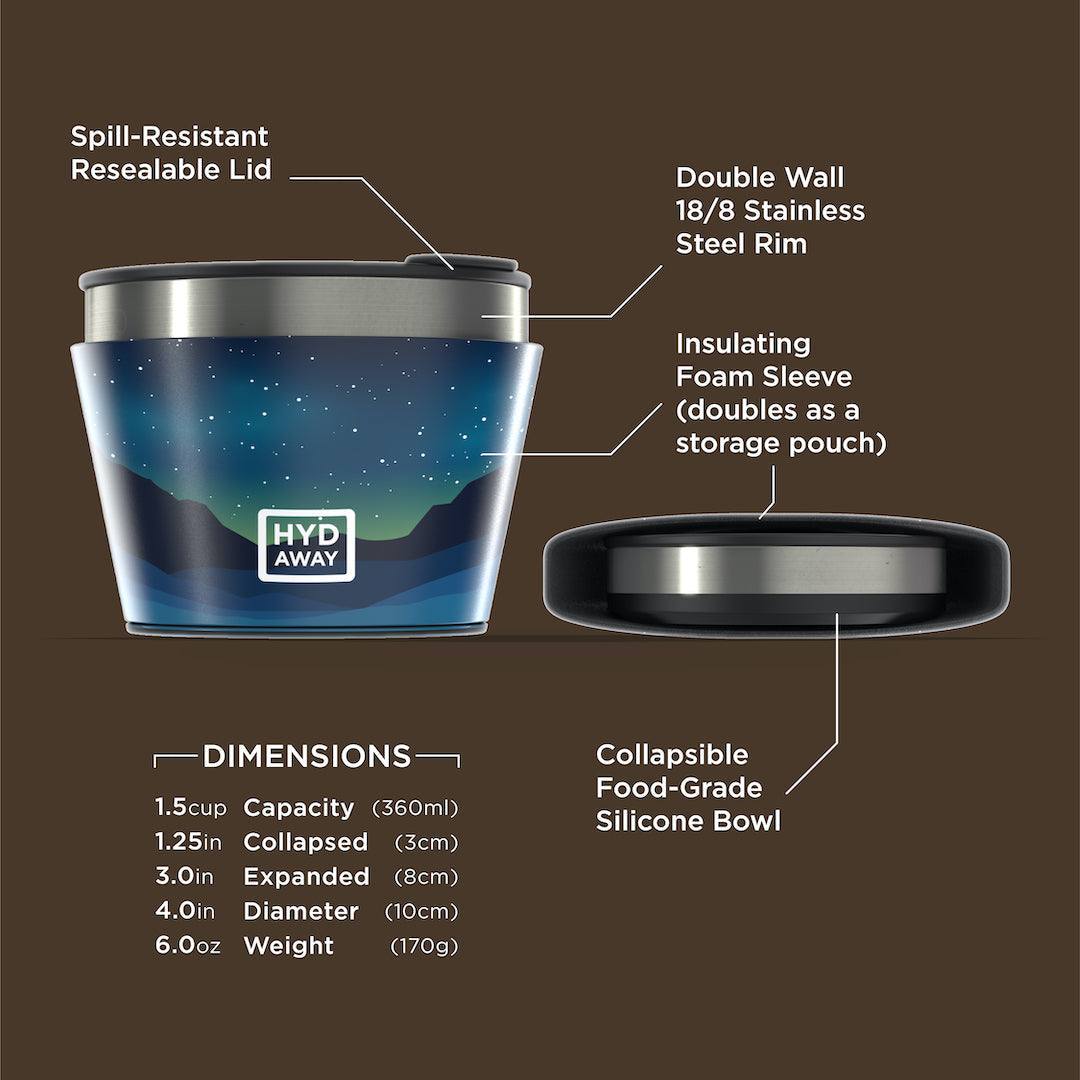 Hydration container with labeled features and specifications on a brown background