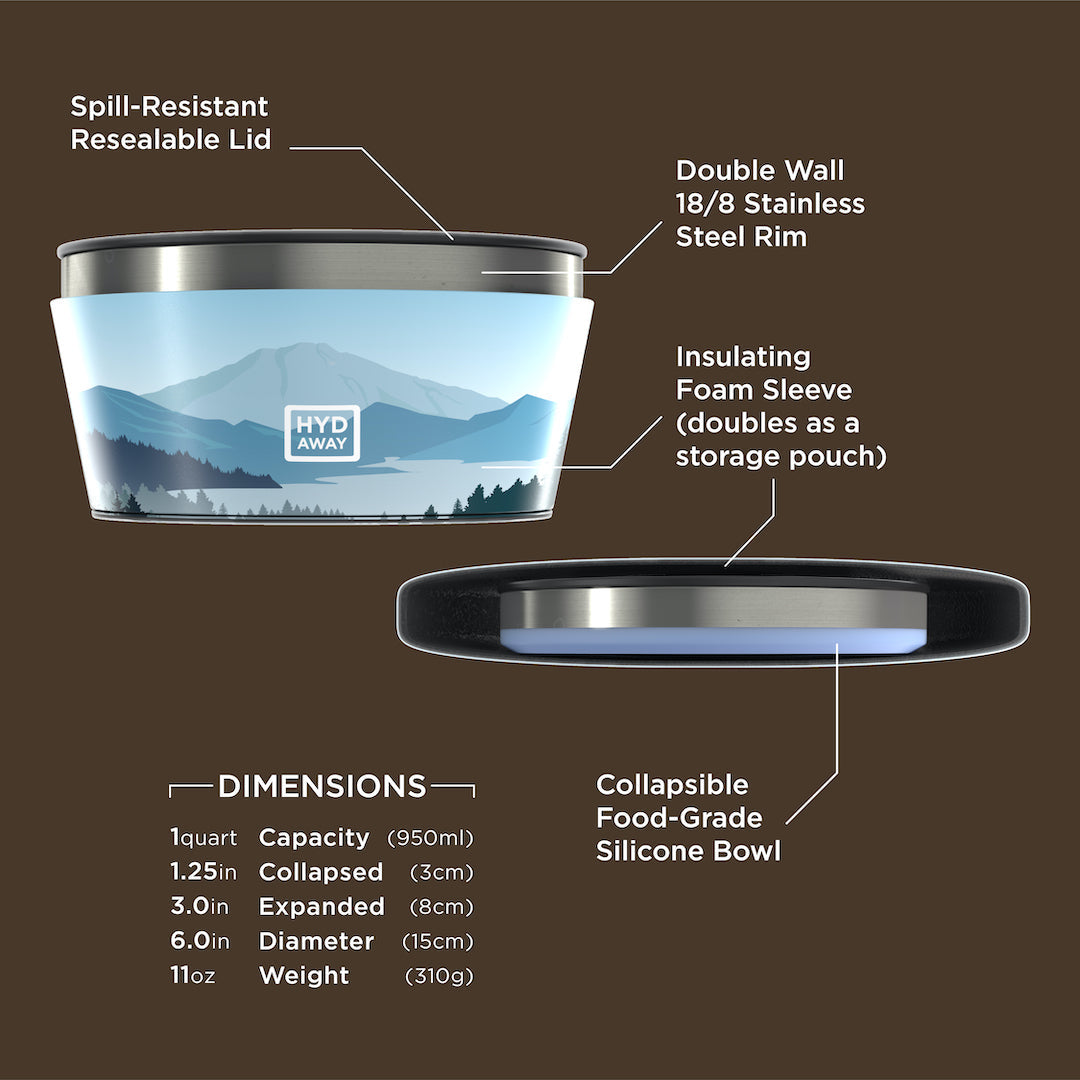Collapsible food-grade silicone bowl with labeled features and dimensions on a brown background