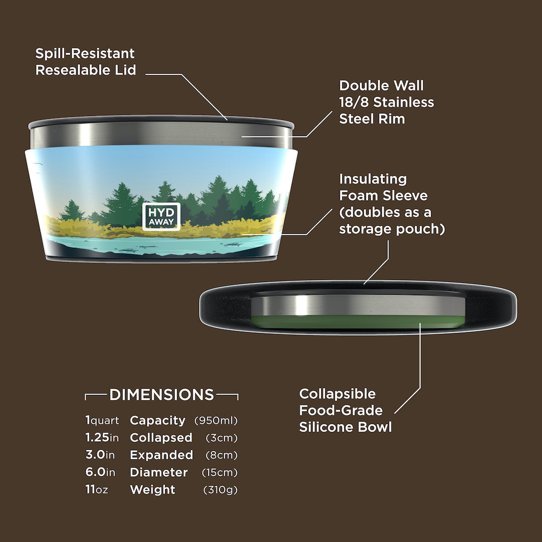 Collapsible food-grade silicone bowl with labeled features and dimensions on a brown background