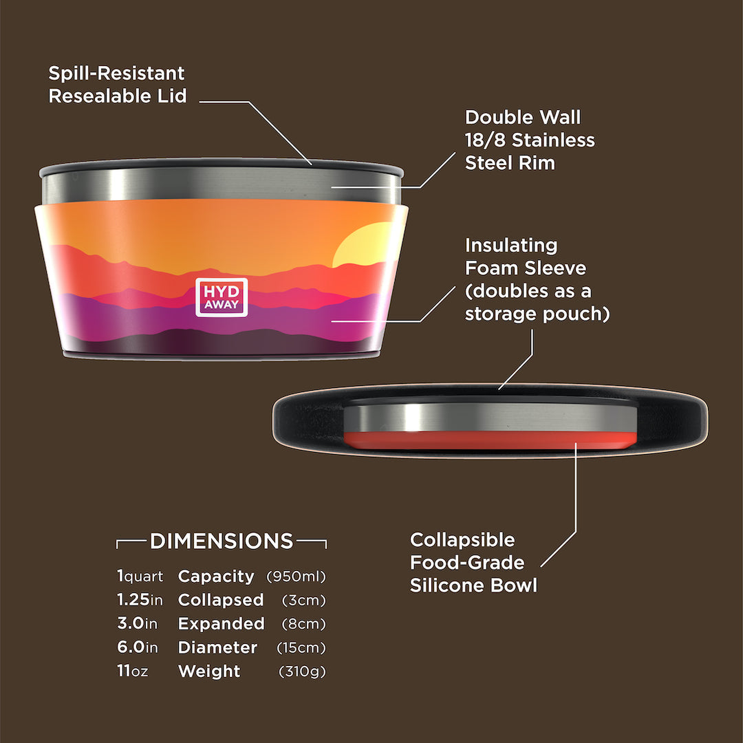 Collapsible food-grade silicone bowl with labeled features and dimensions on a brown background
