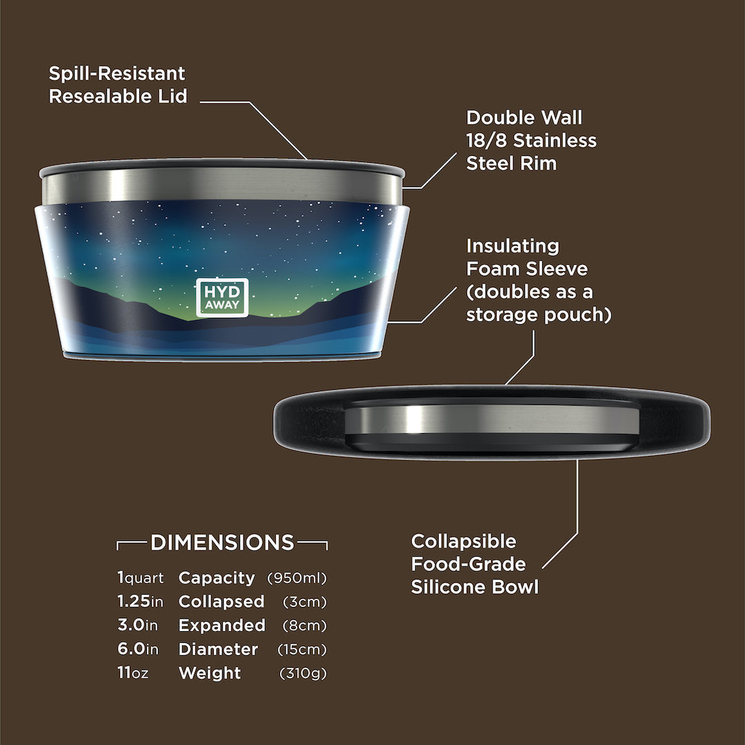 Collapsible food-grade silicone bowl with features and dimensions labeled on a brown background