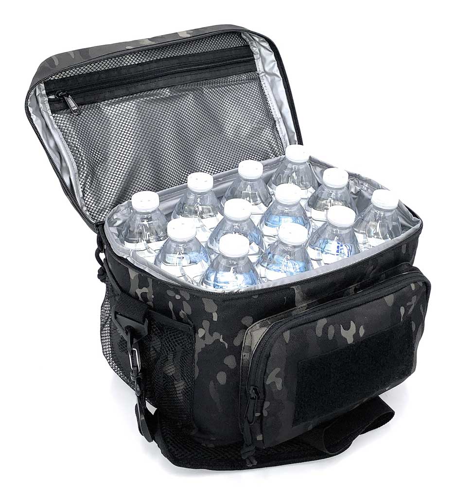 Black camouflage cooler bag with water bottles on a white background