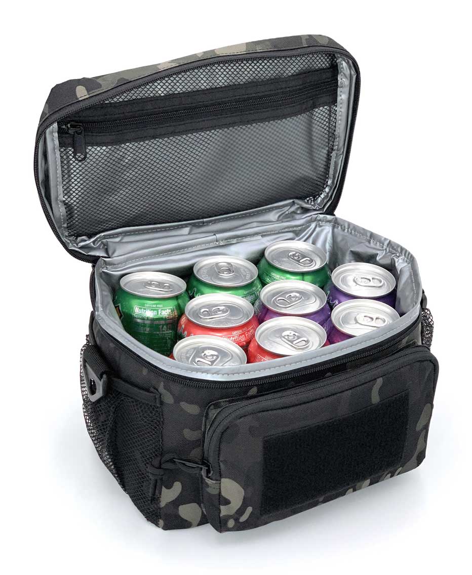 Black camouflage cooler bag with colorful cans inside on a white background