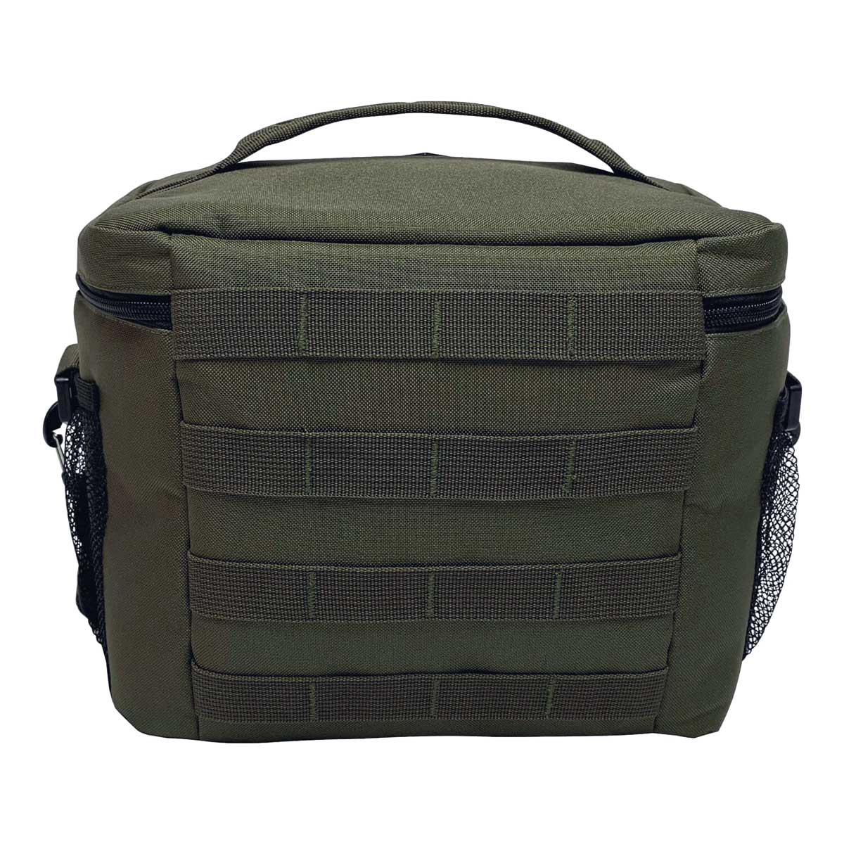 Green tactical bag with multiple straps on a white background
