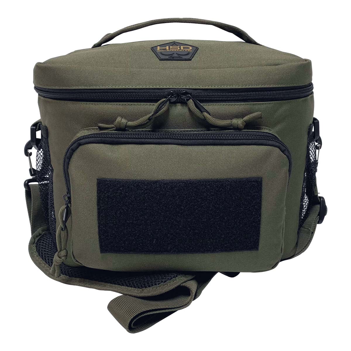 Green tactical bag with black patch on a white background