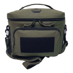 Green tactical bag with black patch on a white background