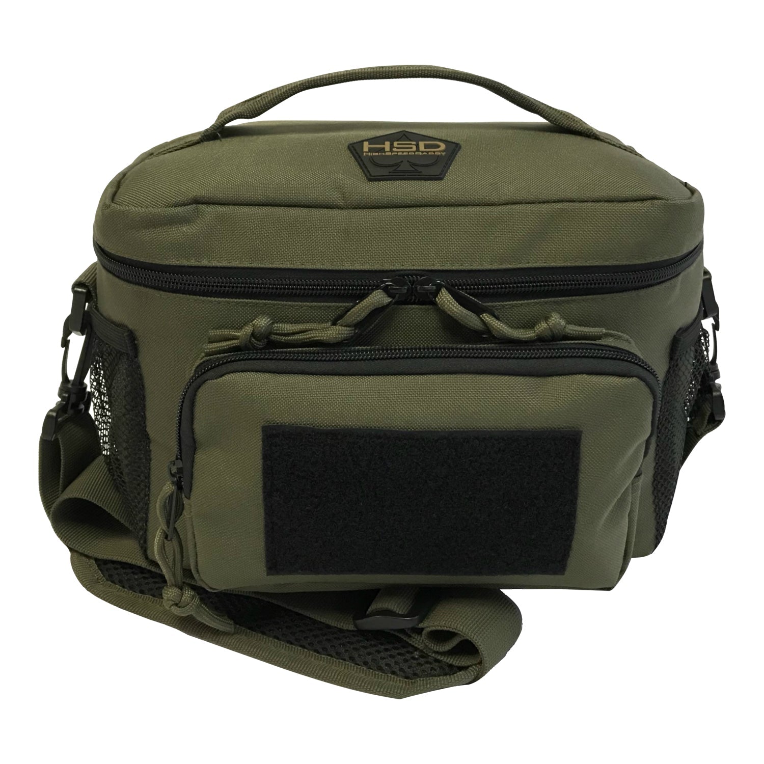 Green tactical bag with multiple compartments and a visible brand logo on a white background