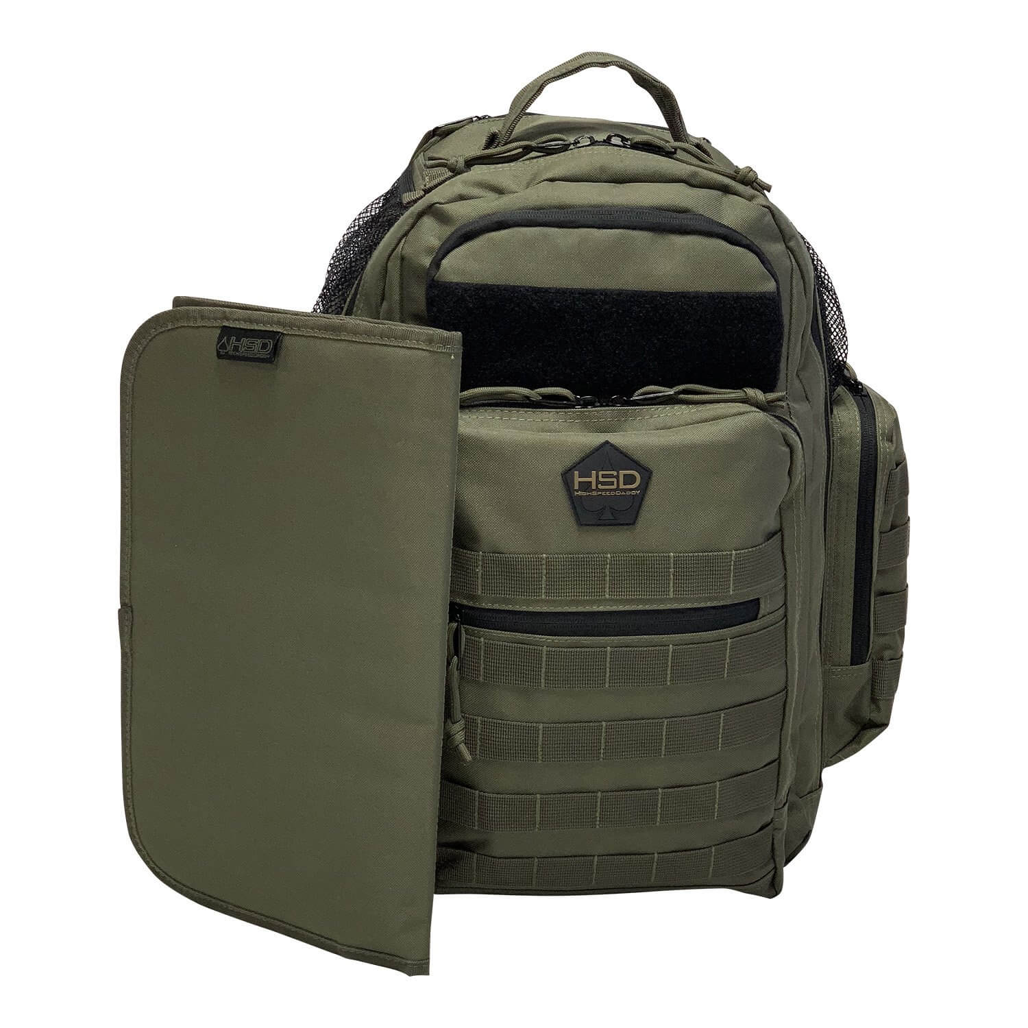 Green tactical backpack with open side pocket on a white background