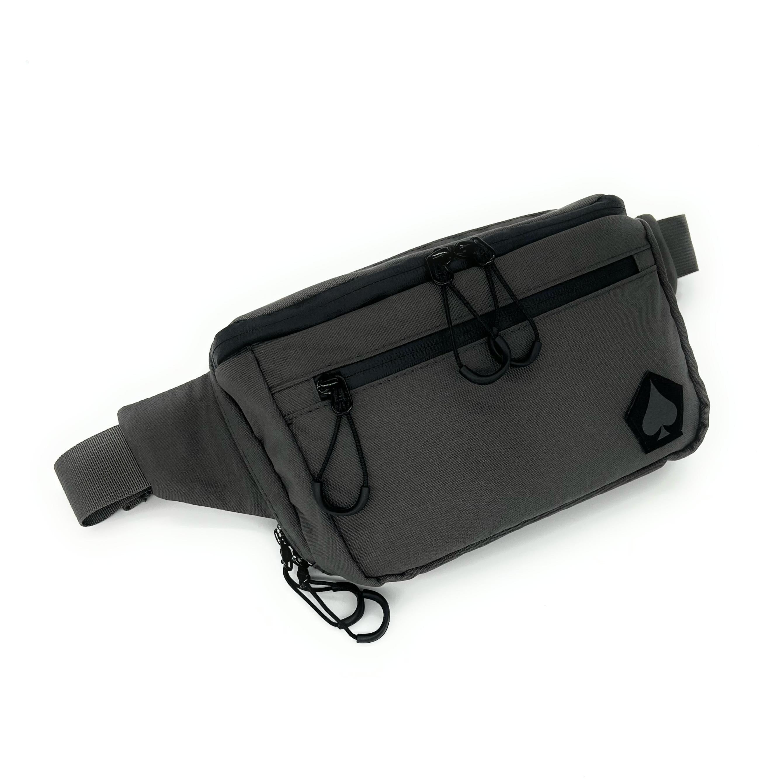 Black waist bag with a brand logo on a white background