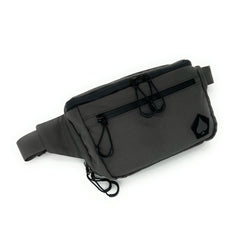 Black waist bag with a brand logo on a white background