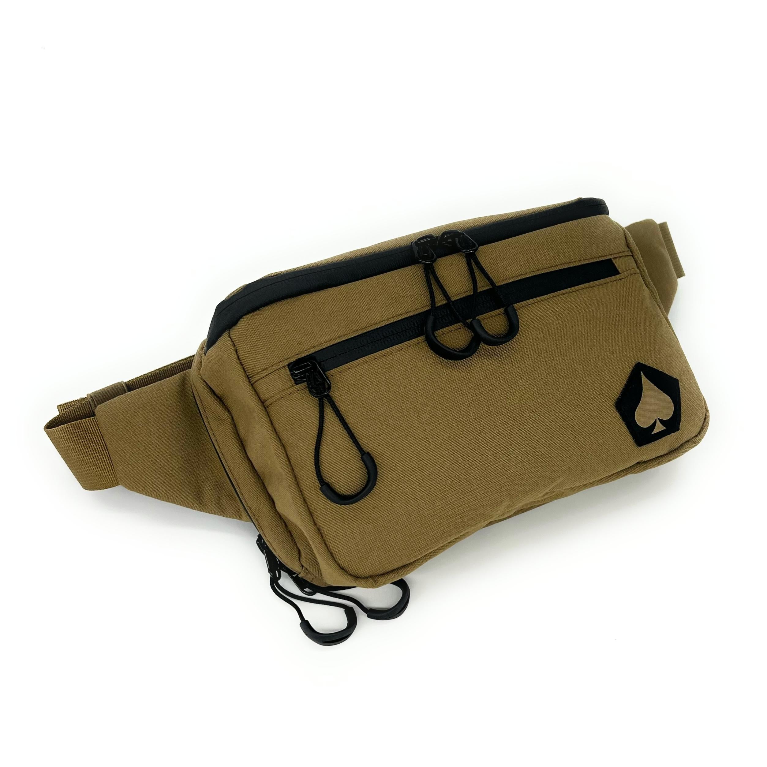 Brown waist bag with black accents on a white background