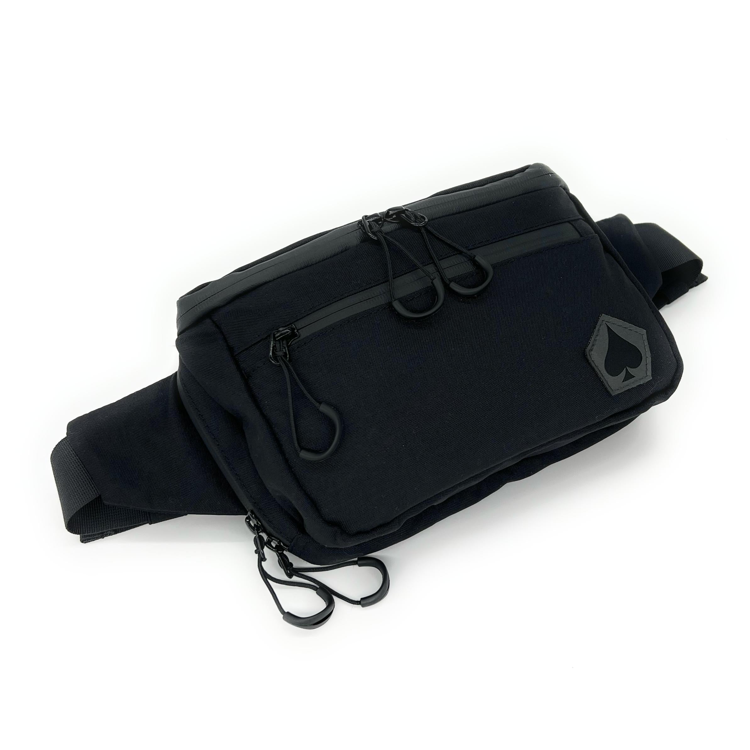 Black waist bag with a brand logo on a white background