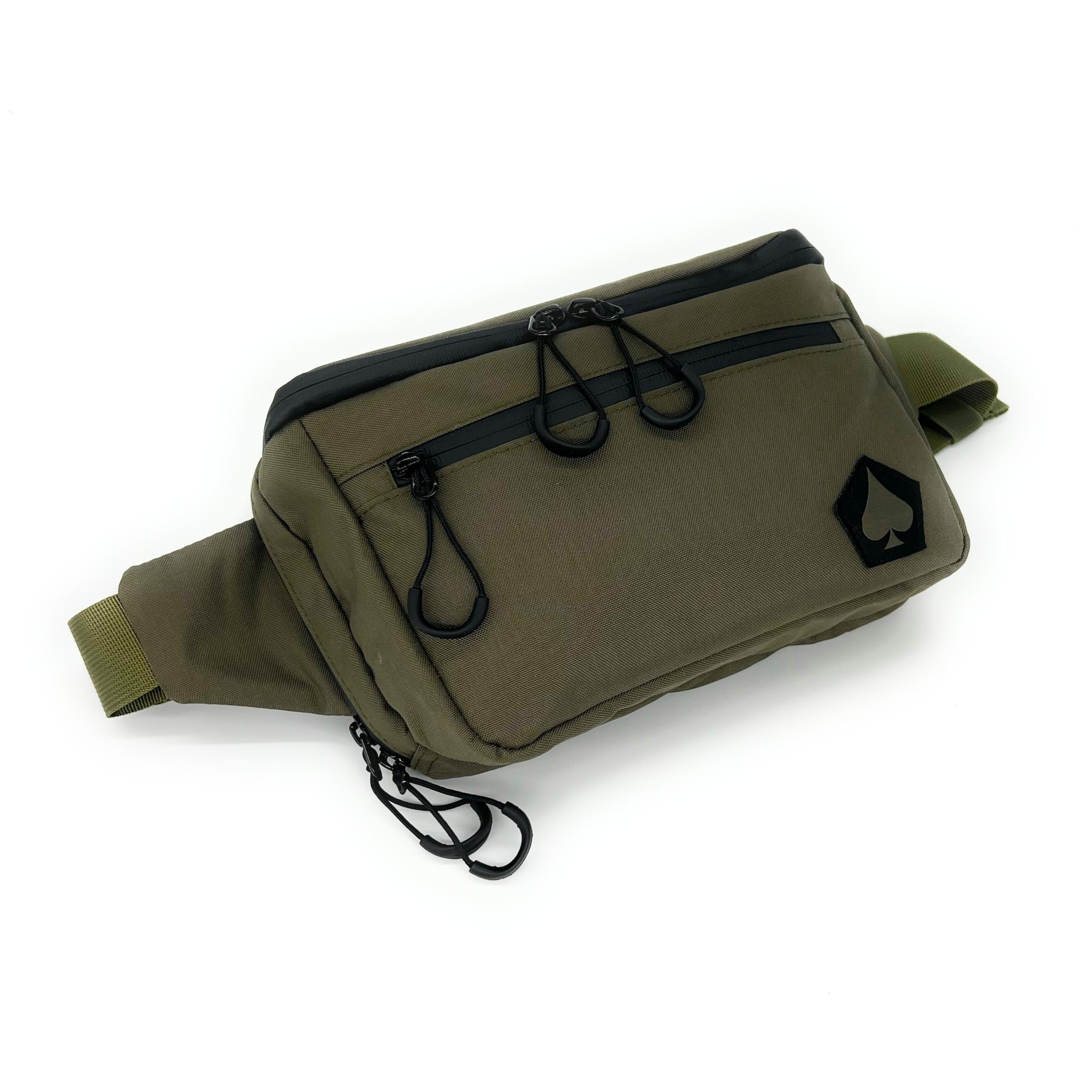 Green waist bag with black accents on a white background